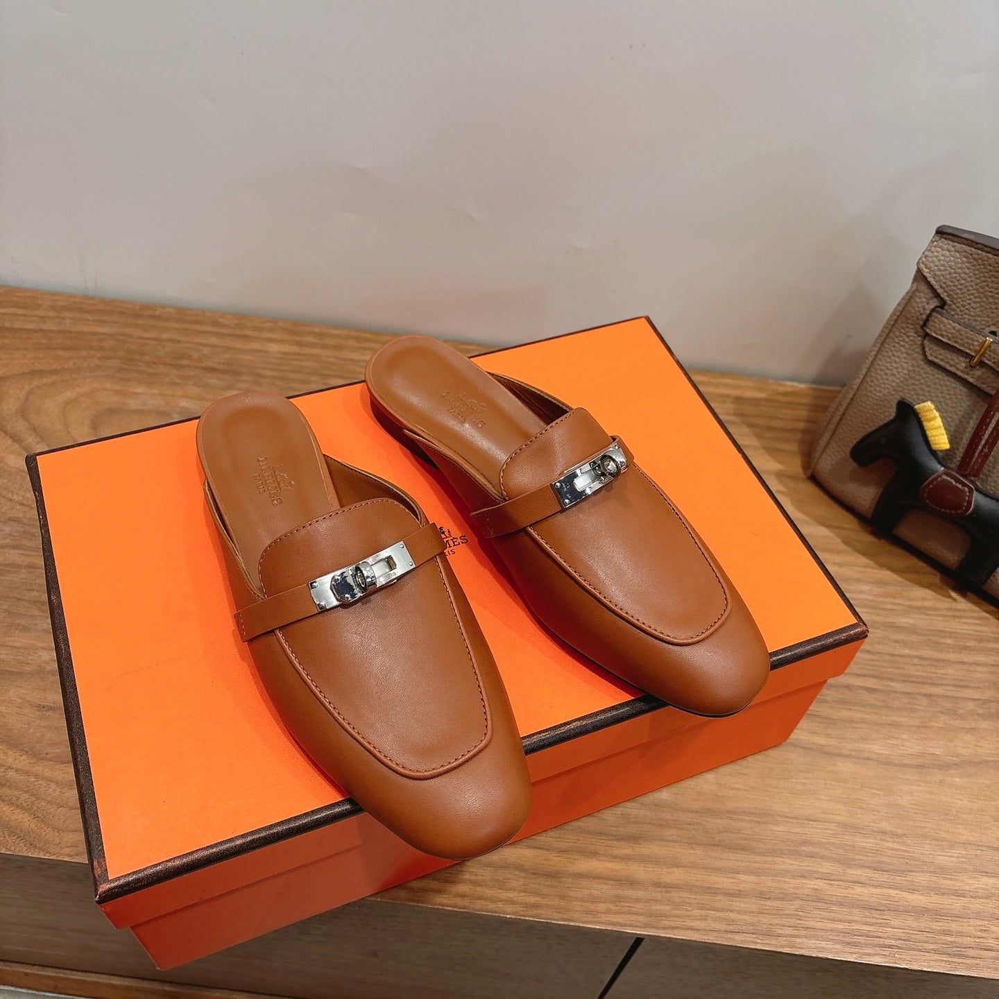 HM 26s Kelly Mule In Caramel Brown Calfskin Silver Hardware
