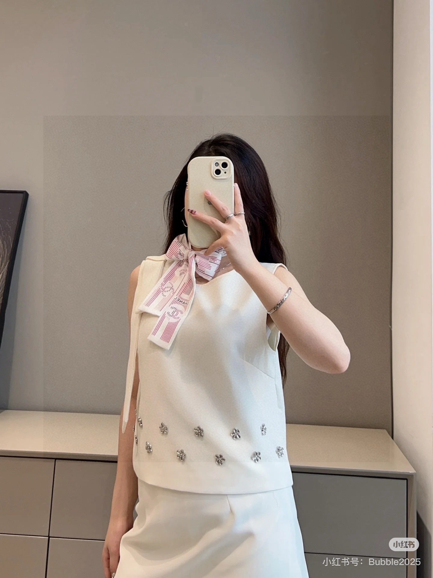 CC Twilly Mini Scarf 120cm White Pink Mulberry Silk 924596