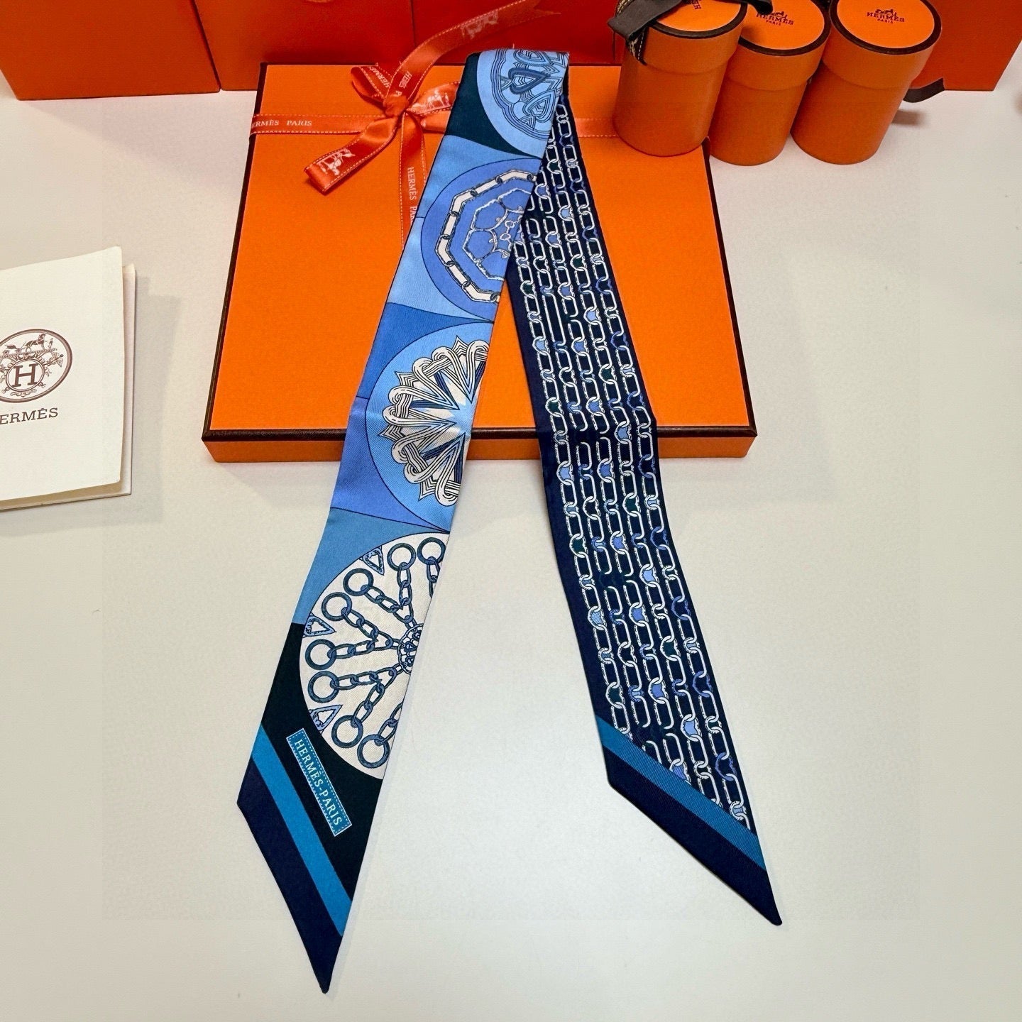 HM Twilly Mini Scarf 86CM Blue Black Mulberry Silk 967454