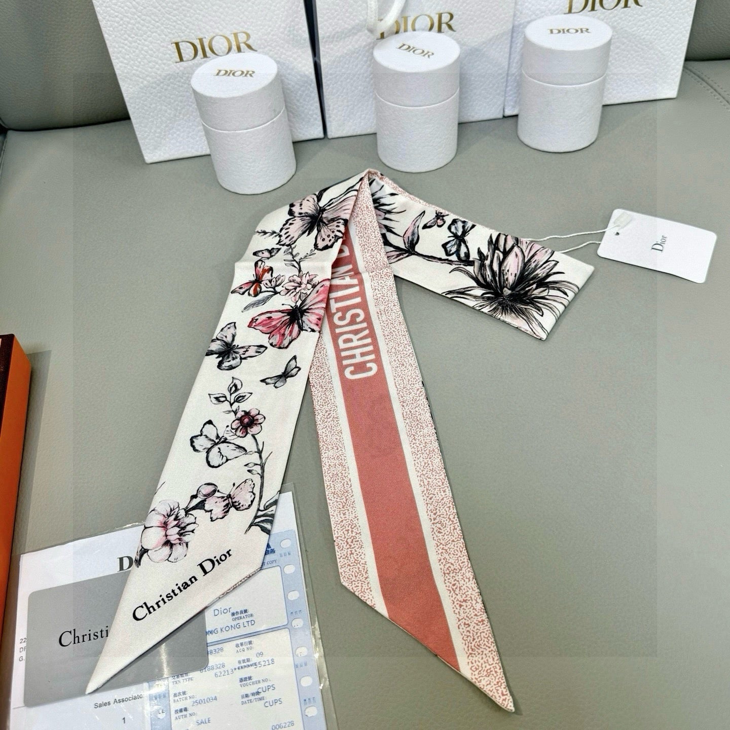 CD Twilly Mini Scarf 105 Ivory Pink Silk Twill 153193