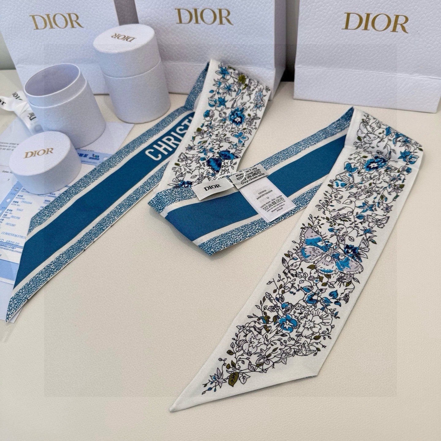 CD Twilly Mini Scarf 105 Ivory Navy Blue Silk Twill 153195