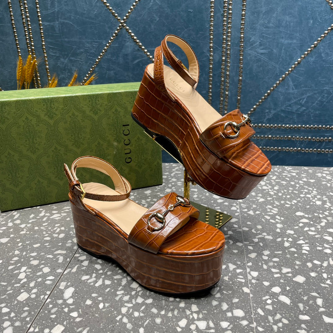 GG HORSEBIT FLATFORM SANDAL CARAMEL CALFSKIN