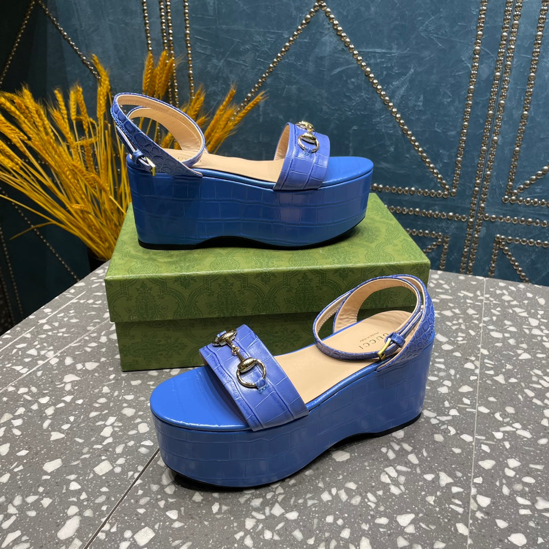 GG HORSEBIT FLATFORM SANDAL COBALT CALFSKIN