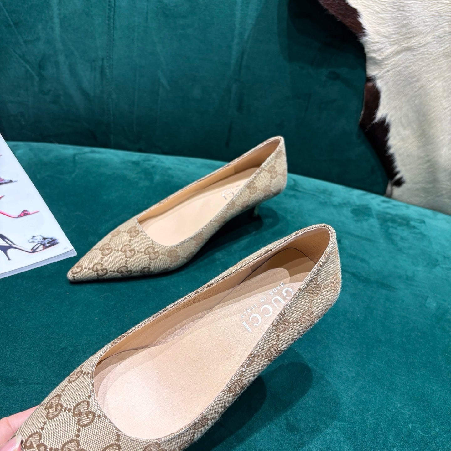 GG Pointed-Toe Slingback Light Beige Canvas 741264