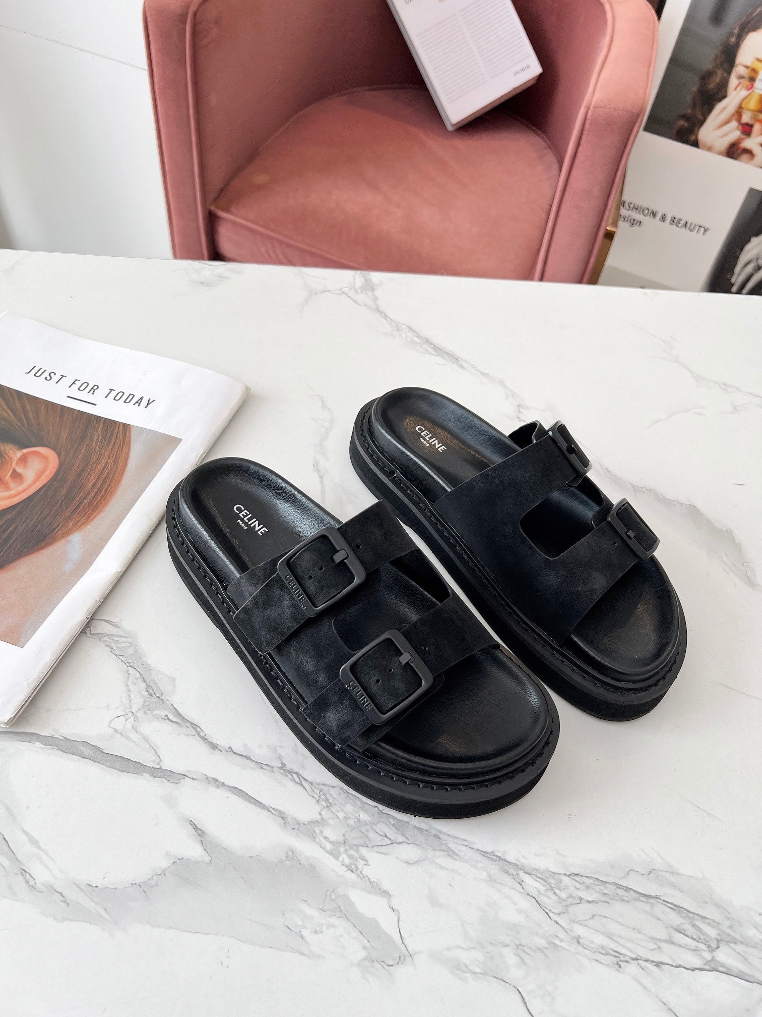 Celine 26s Sandals Hardware Buckles Black Suede Leather 982640