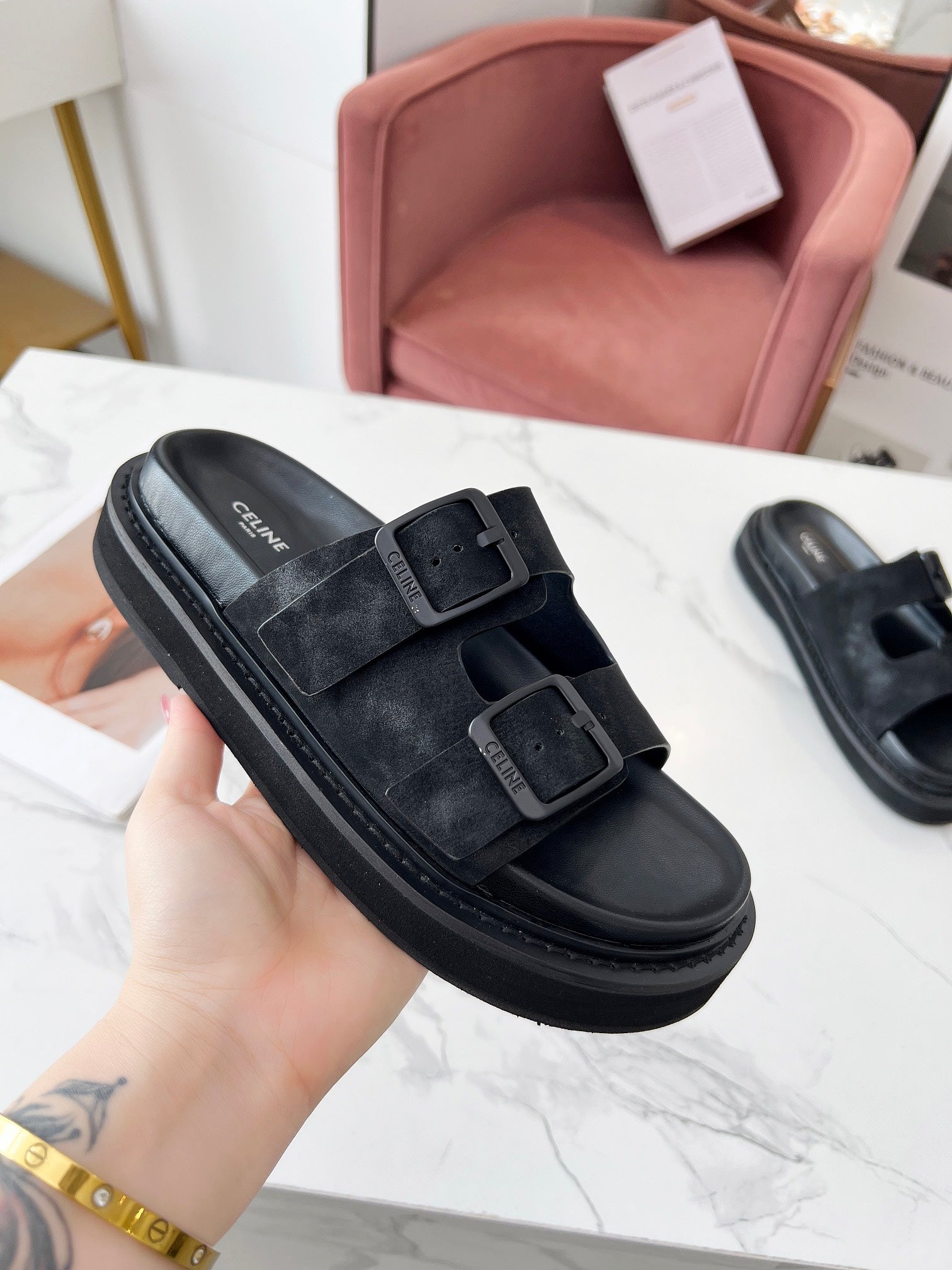 Celine 26s Sandals Hardware Buckles Black Suede Leather 982640