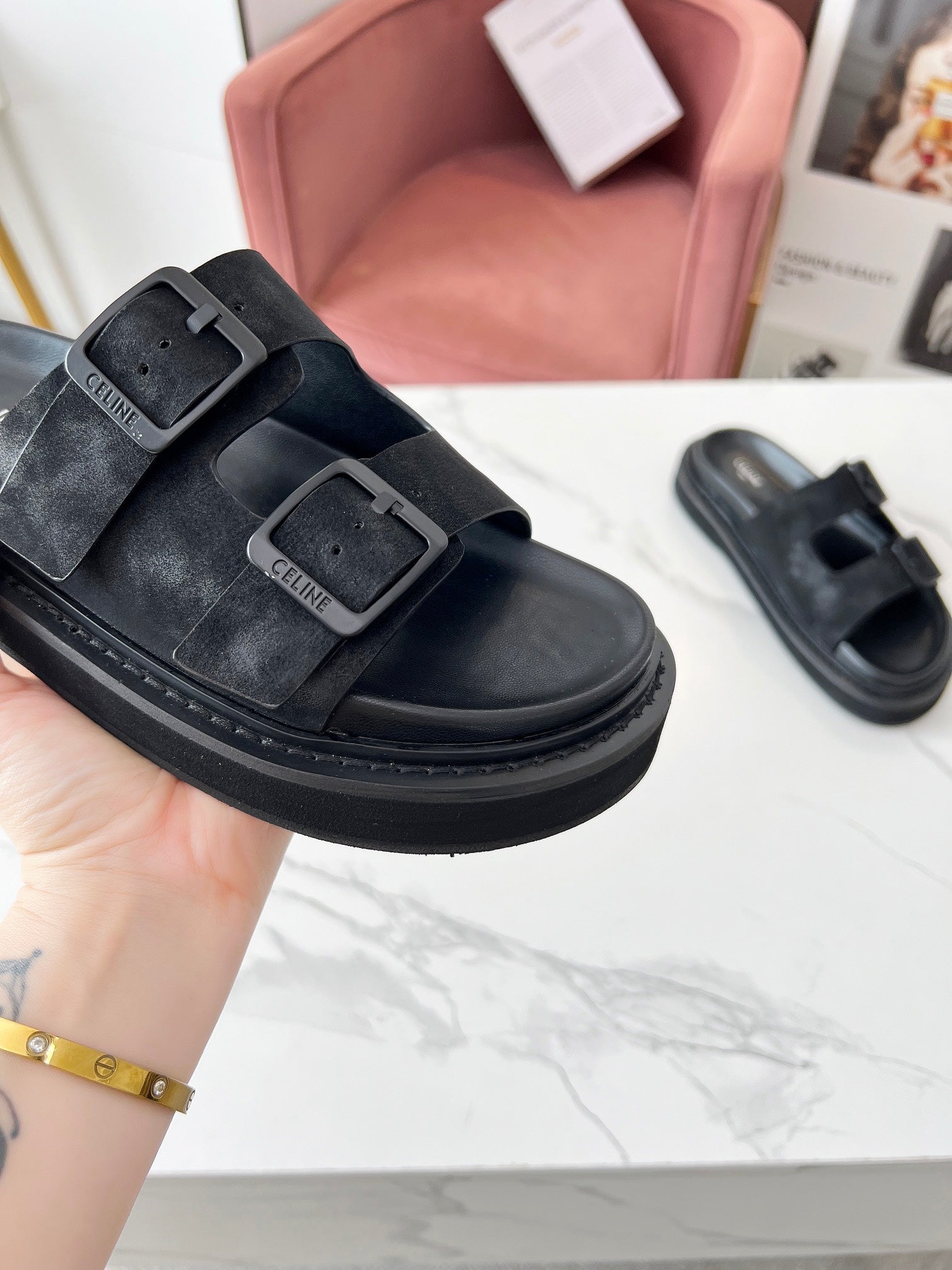 Celine 26s Sandals Hardware Buckles Black Suede Leather 982640