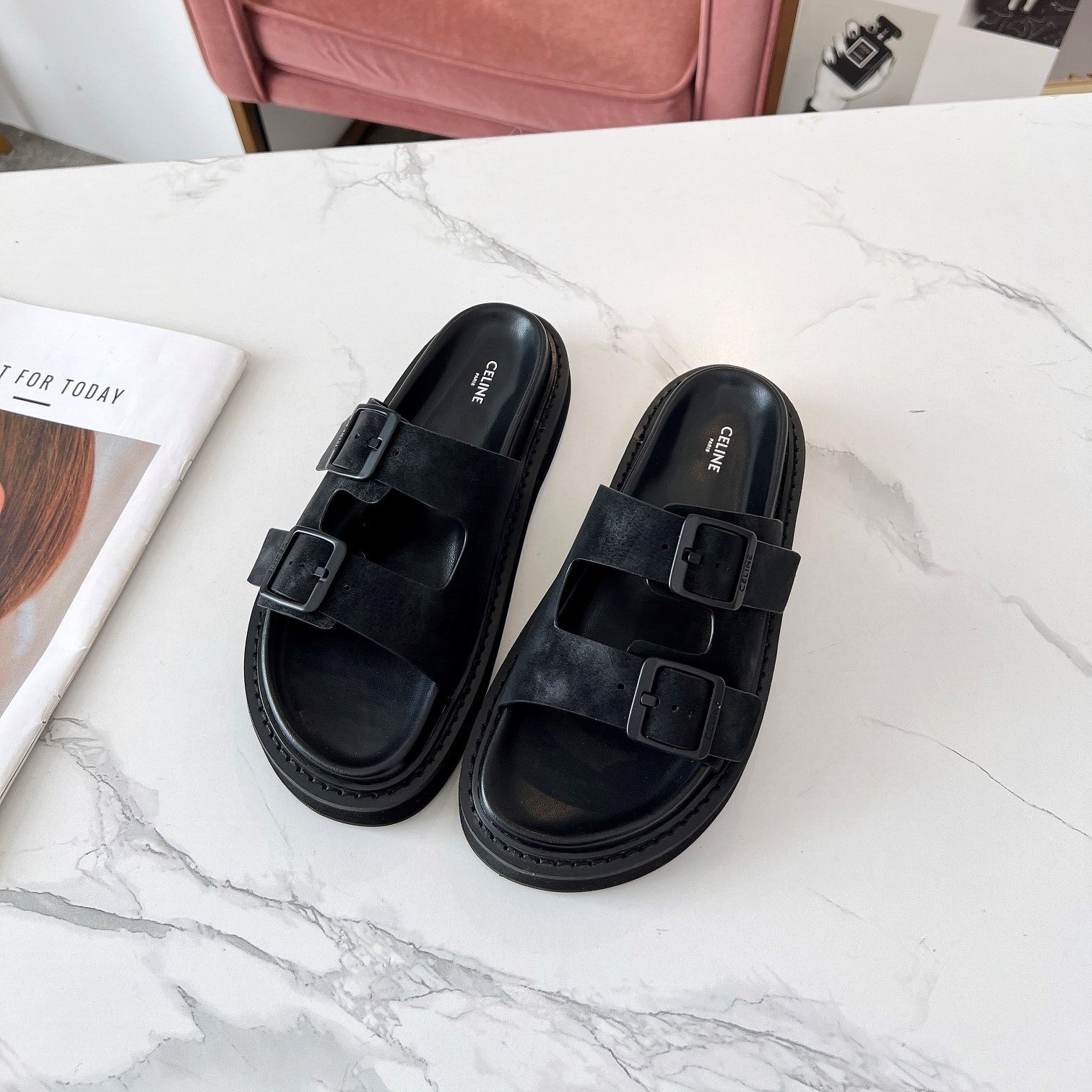 Celine 26s Sandals Hardware Buckles Black Suede Leather 982640