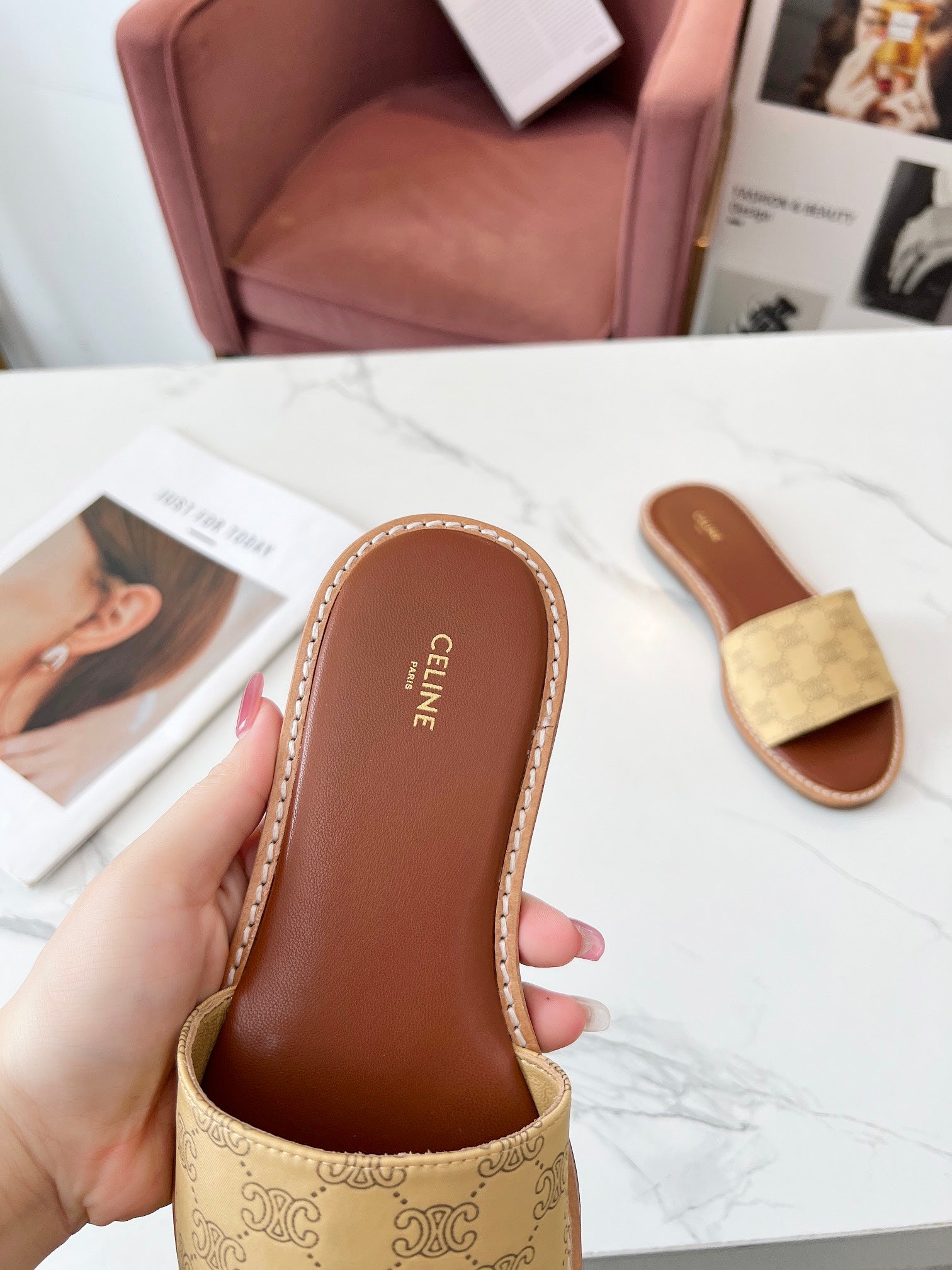 Celine 26s Slip-on Sandals Silk Fabric Leather 982645