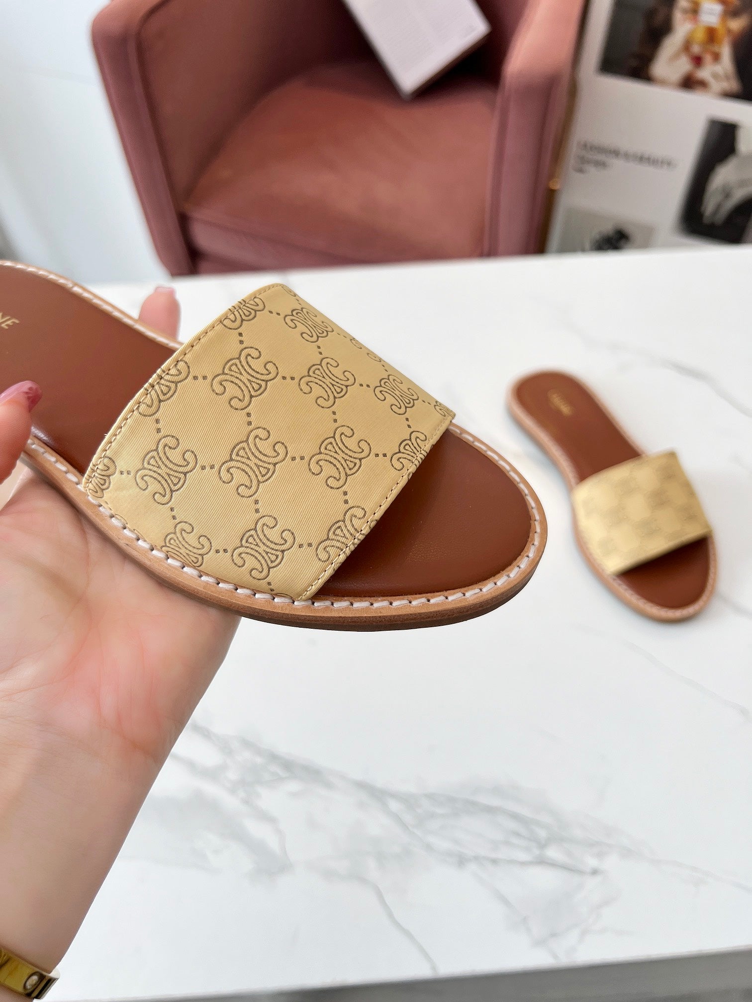 Celine 26s Slip-on Sandals Silk Fabric Leather 982645