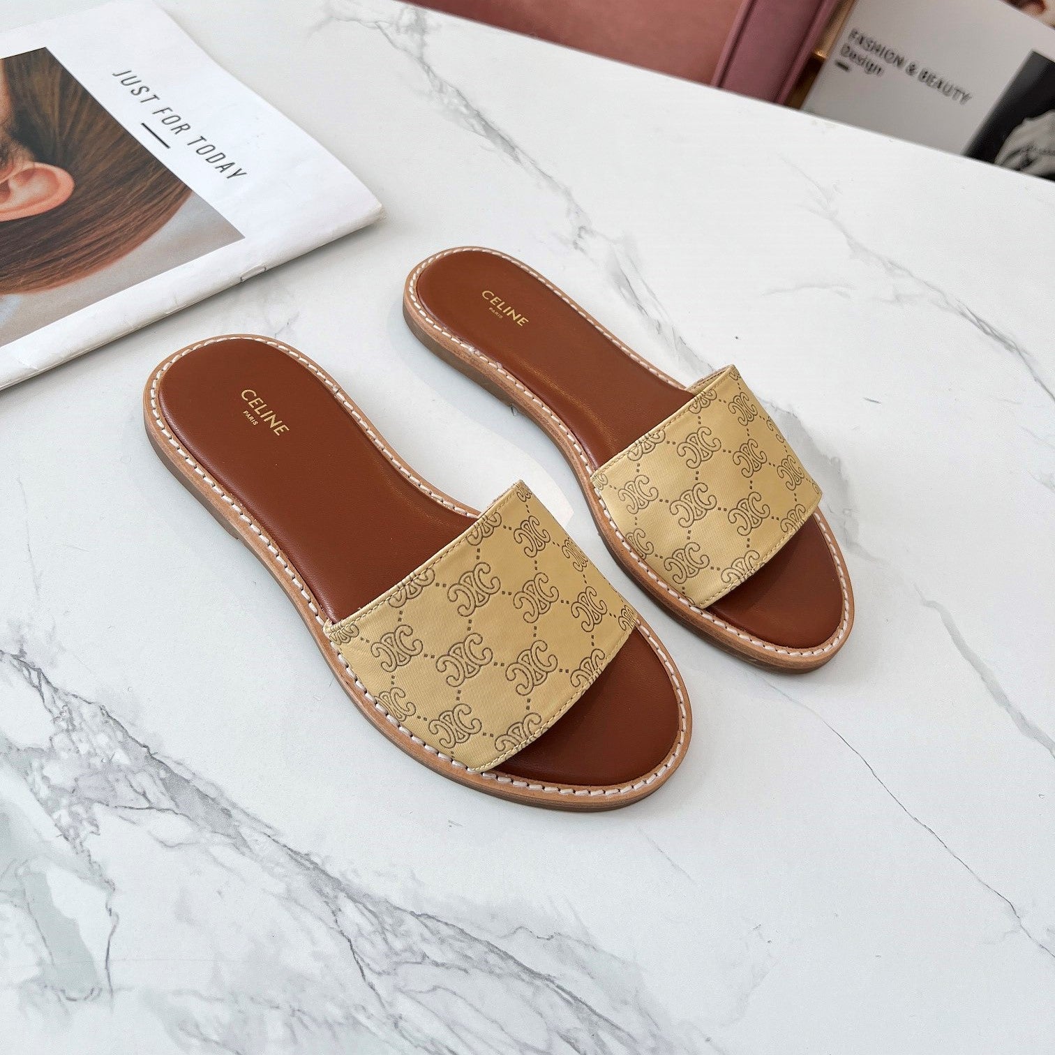 Celine 26s Slip-on Sandals Silk Fabric Leather 982645