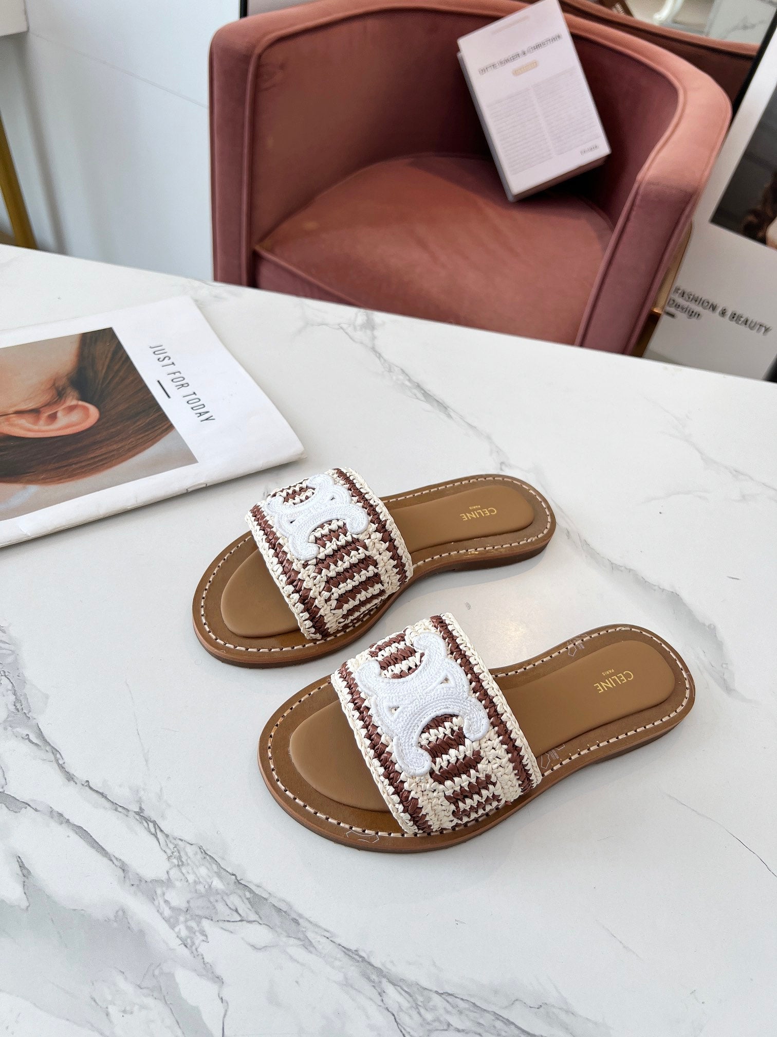 Celine 26s Slip-on Sandals Cotton Leather 982665
