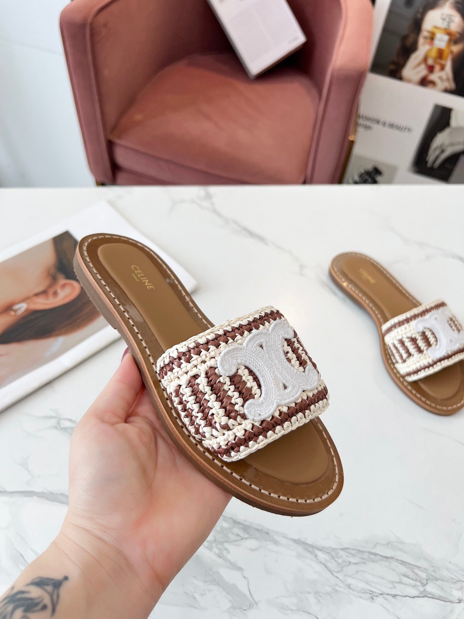 Celine 26s Slip-on Sandals Cotton Leather 982665