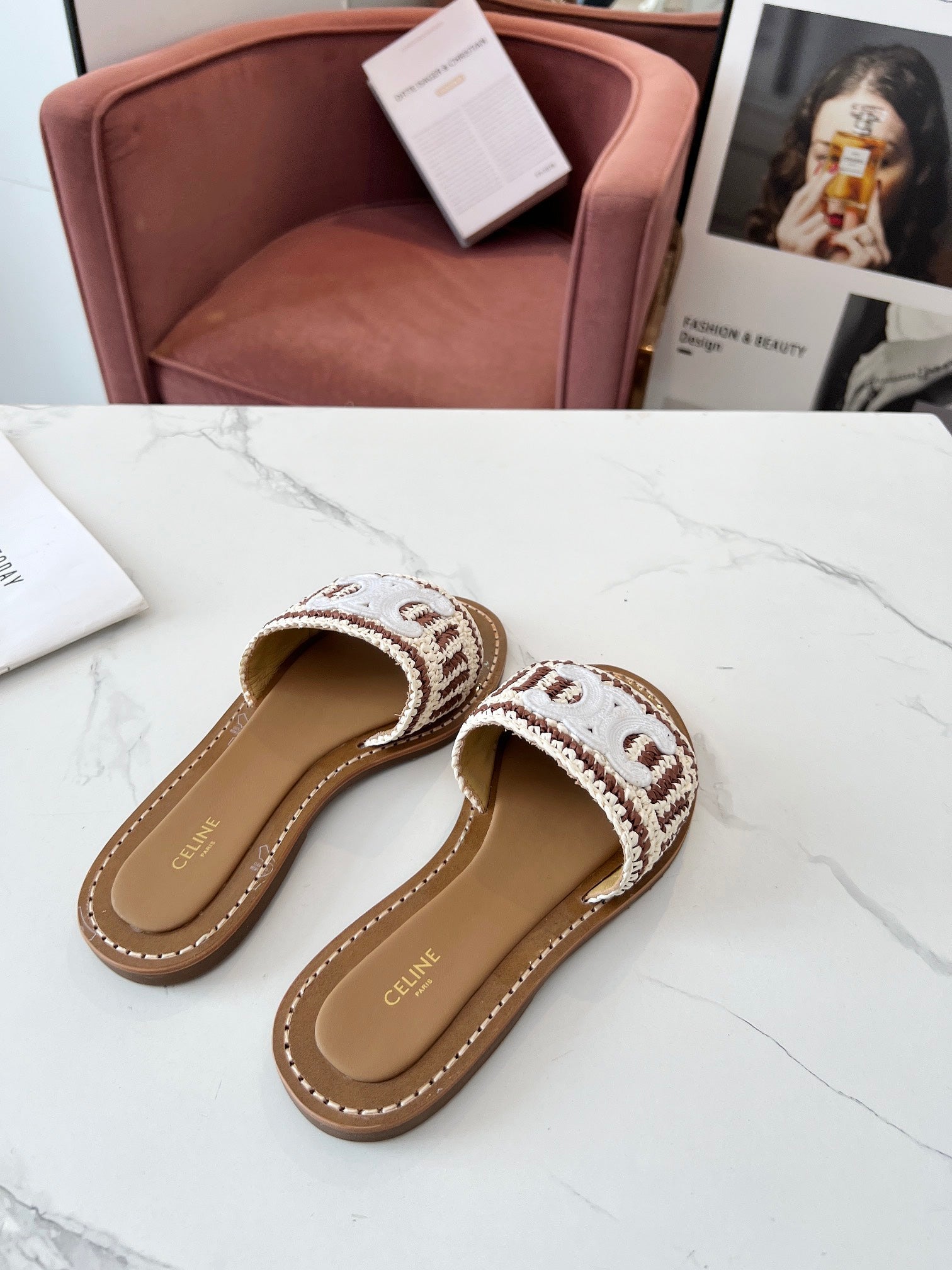 Celine 26s Slip-on Sandals Cotton Leather 982665
