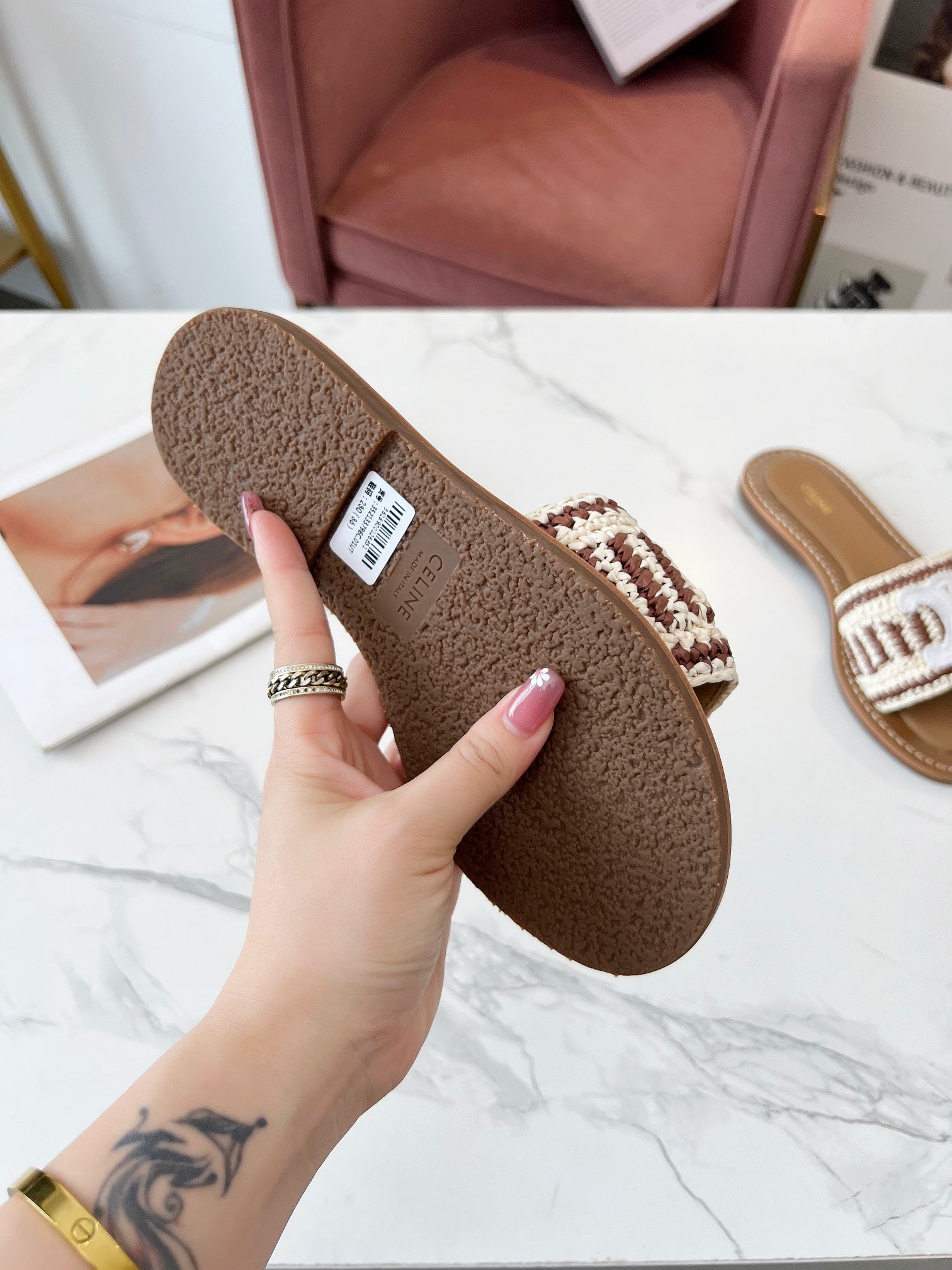 Celine 26s Slip-on Sandals Cotton Leather 982665
