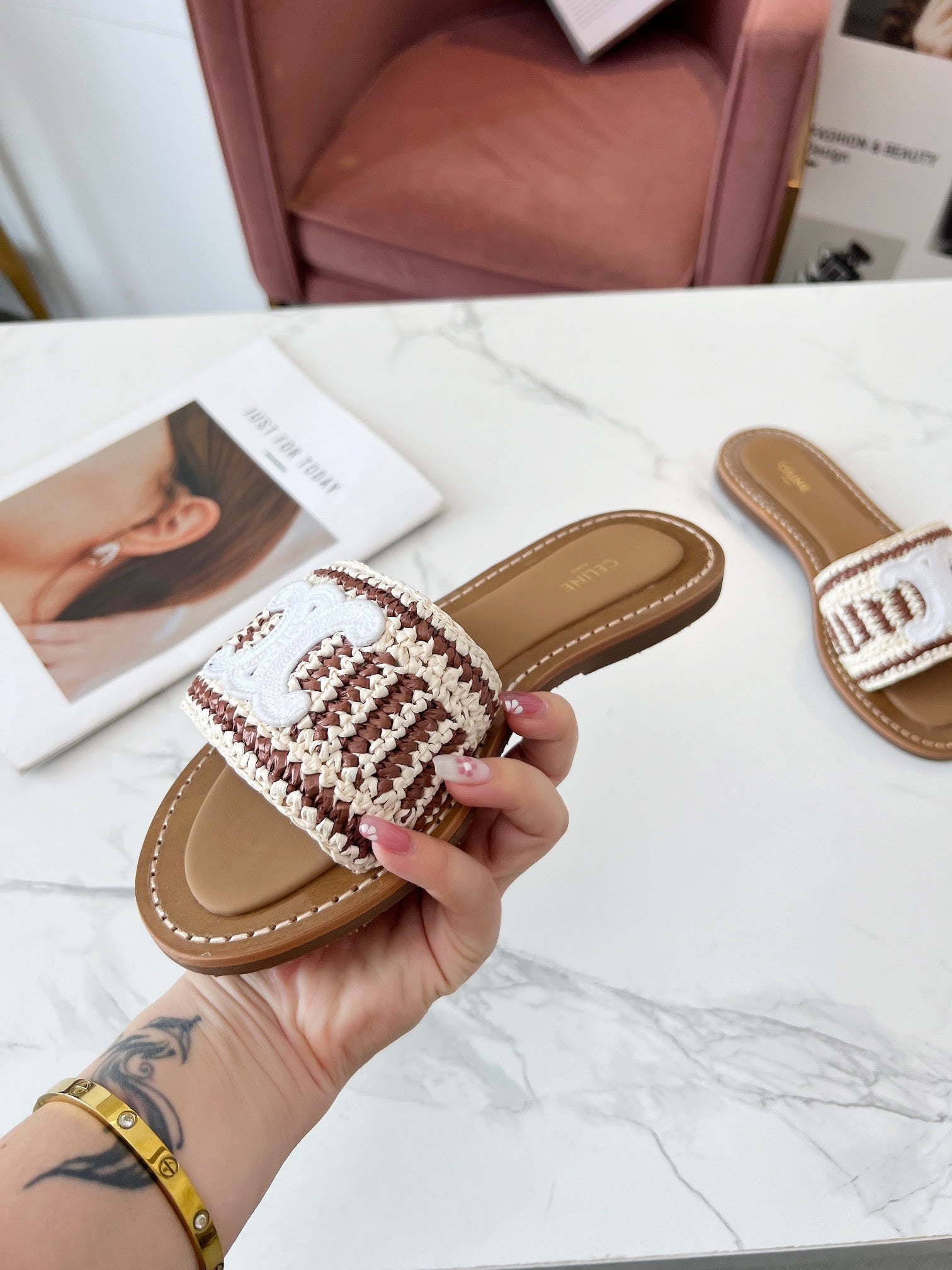 Celine 26s Slip-on Sandals Cotton Leather 982665