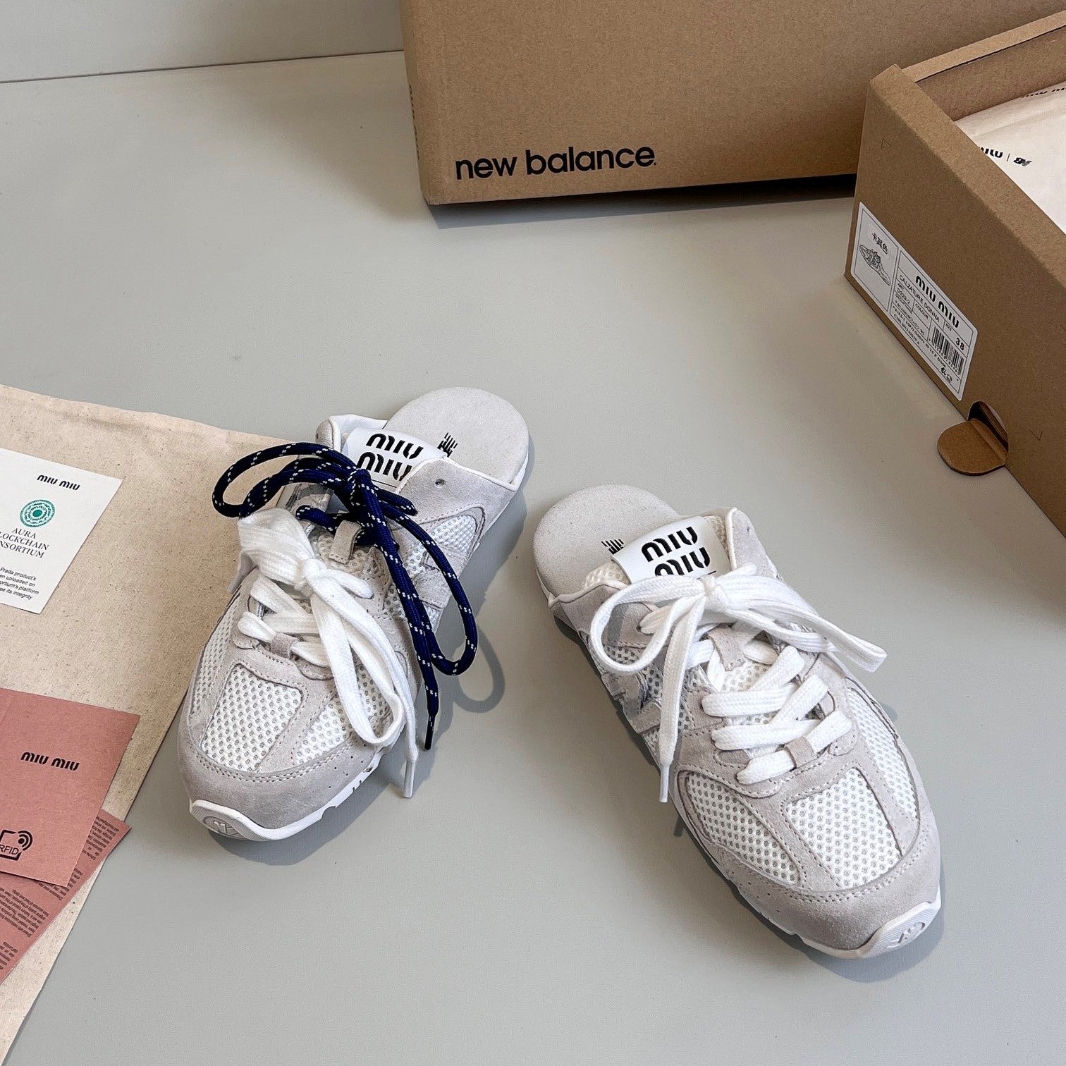 Miu x NB 530 SL Mules White Grey Mesh Suede 642519