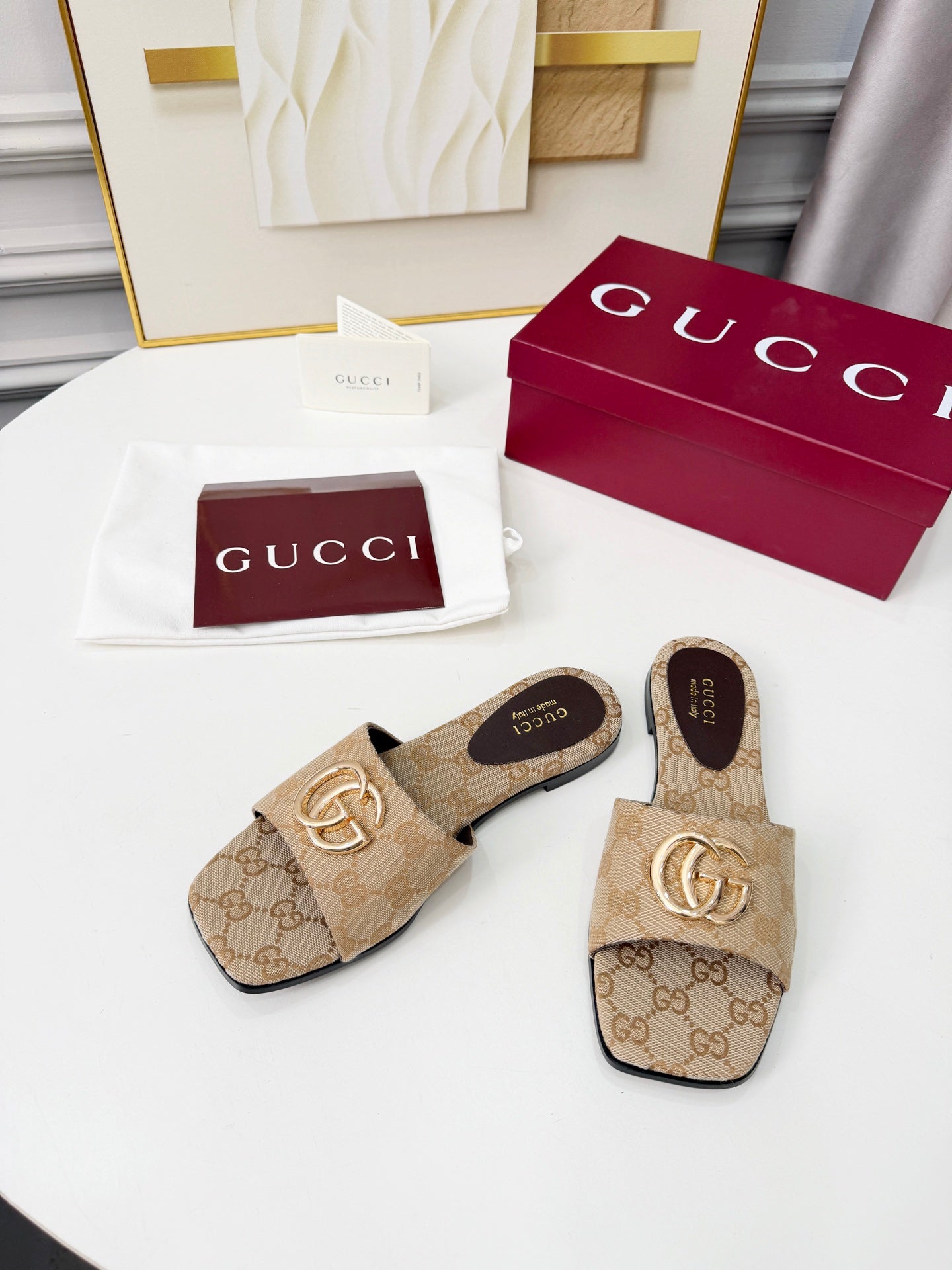 GG 2026 Early Spring Mule Beige Canvas Sheepskin 688514