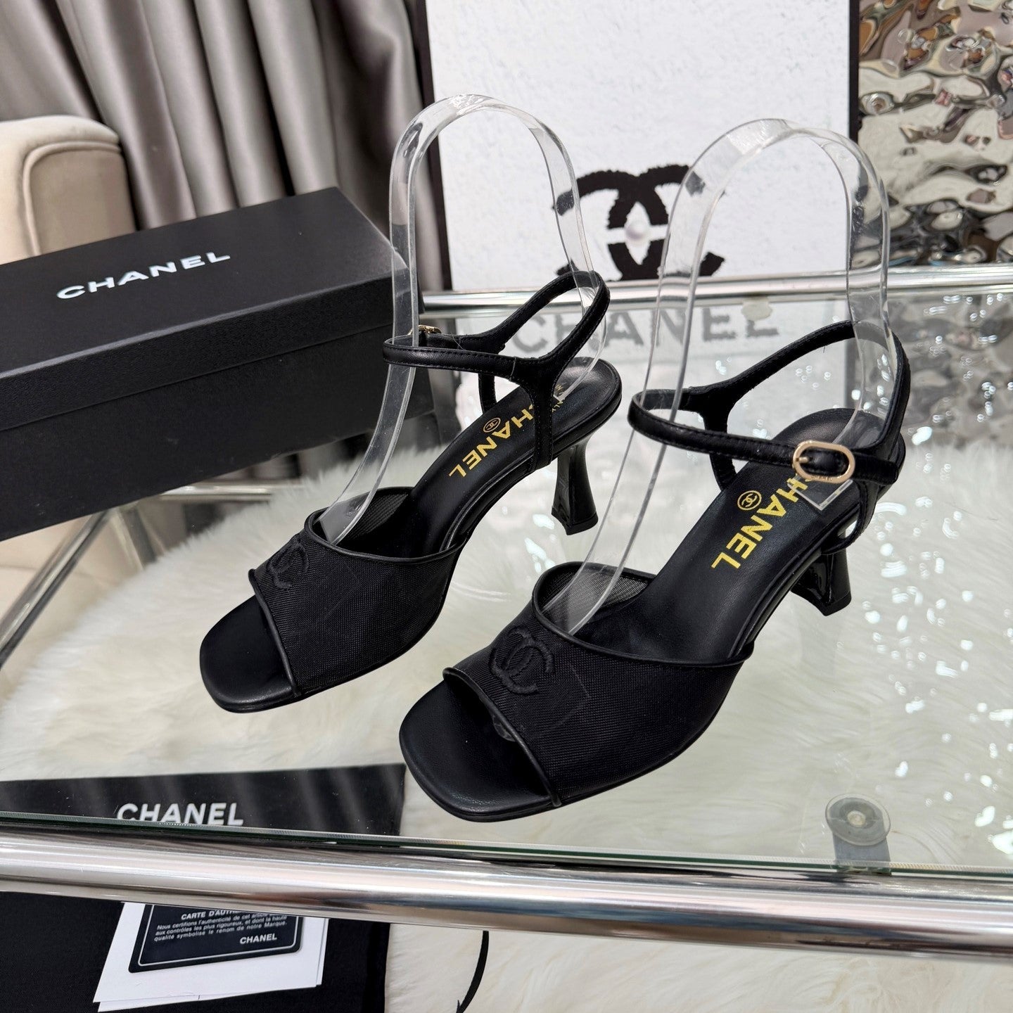 CC 2026B Métiers d'Art Sandals Black Mesh Leather 970174