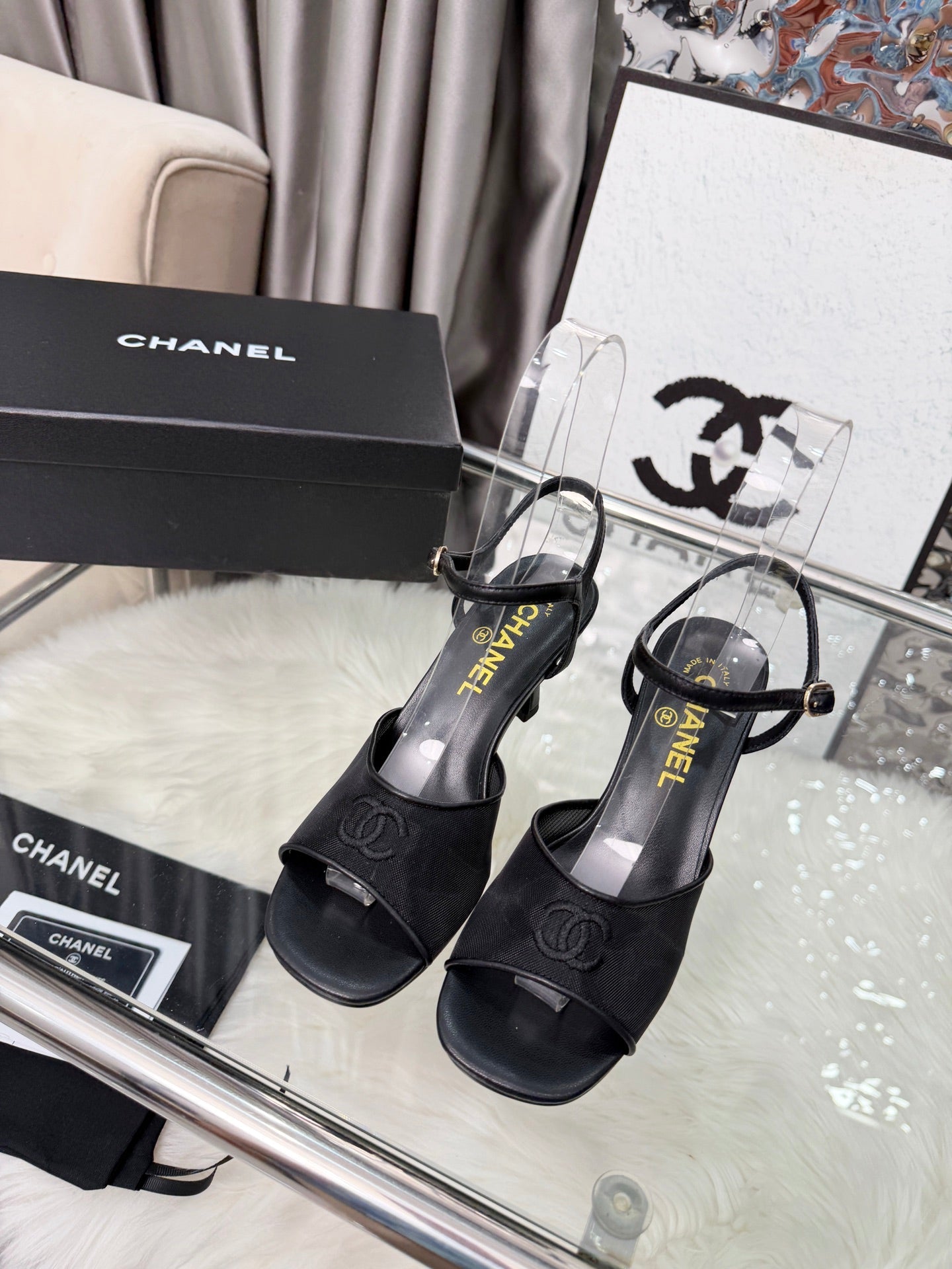 CC 2026B Métiers d'Art Sandals Black Mesh Leather 970174