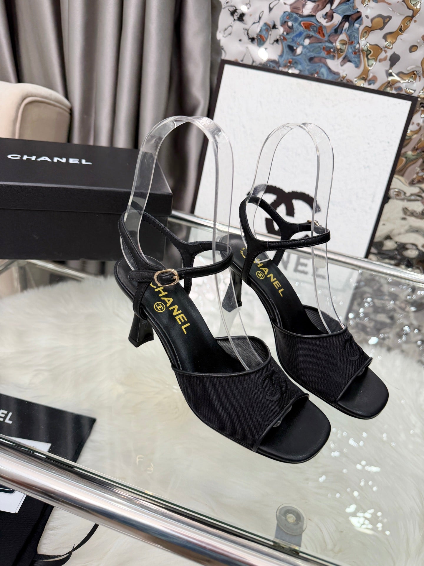 CC 2026B Métiers d'Art Sandals Black Mesh Leather 970174