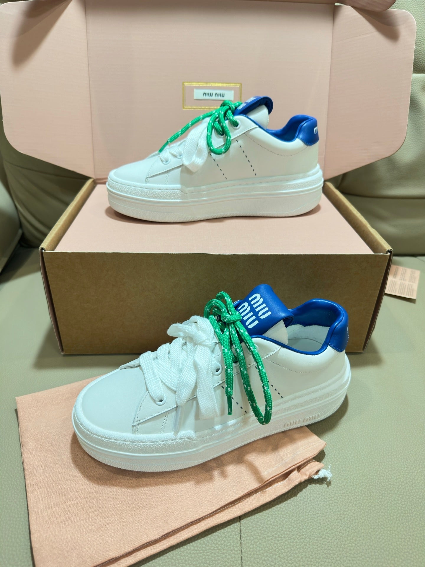 Miu Bleached Leather Sneakers White Blue Leather 940988