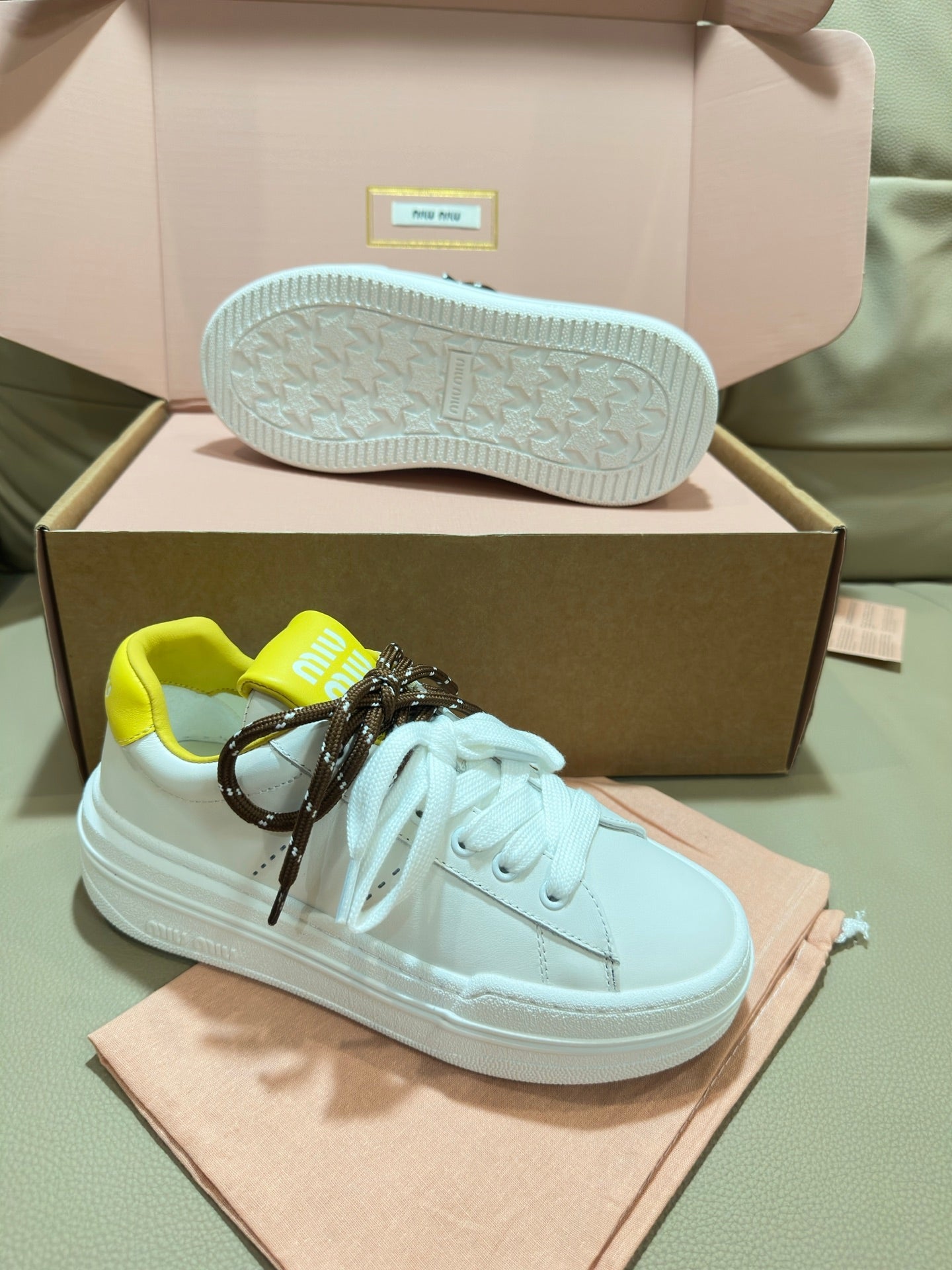 Miu Bleached Leather Sneakers White Yellow Leather 940989