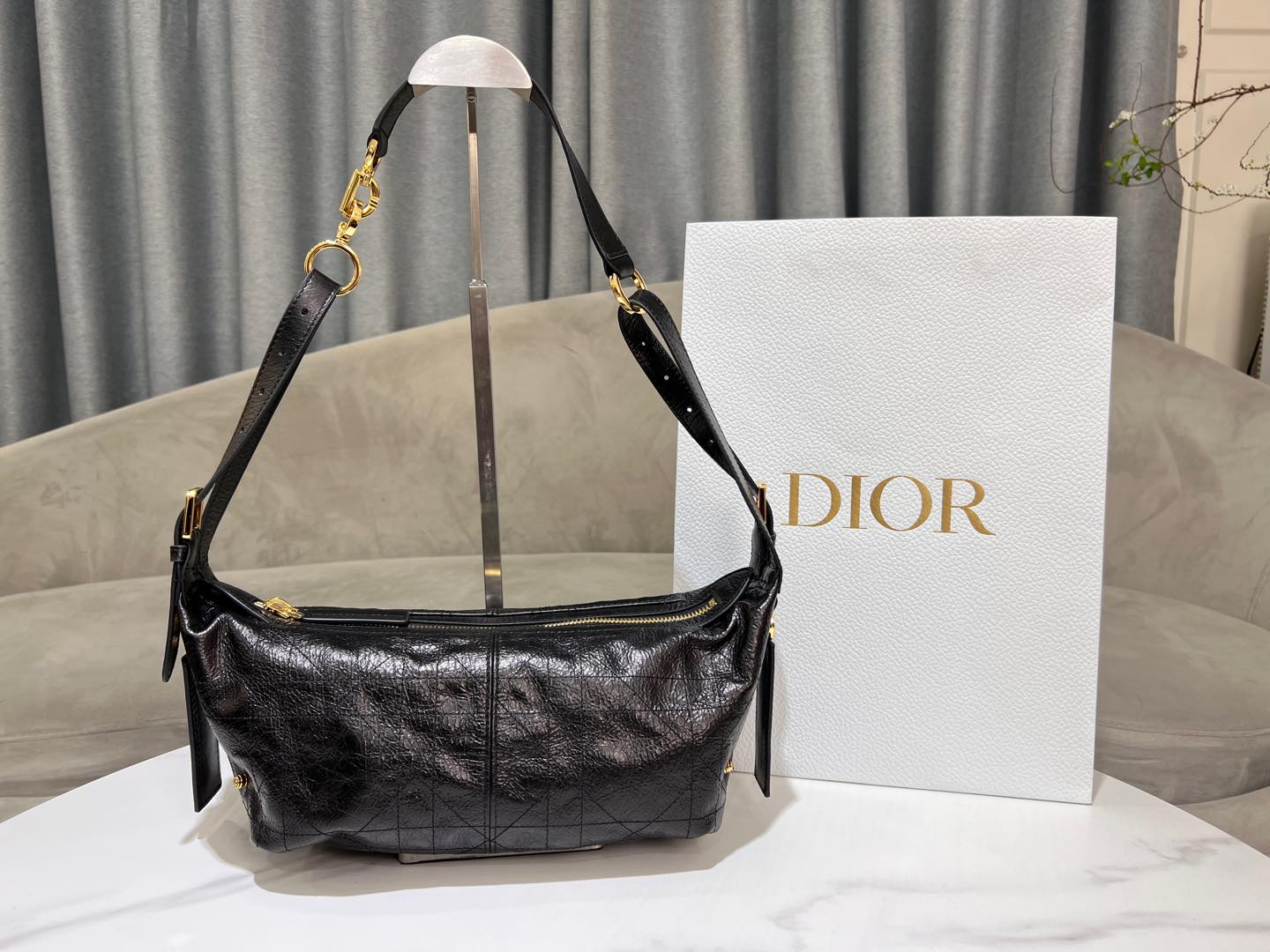 CD Hobo Bag 23 With Chain Black Wrinkled Calfskin