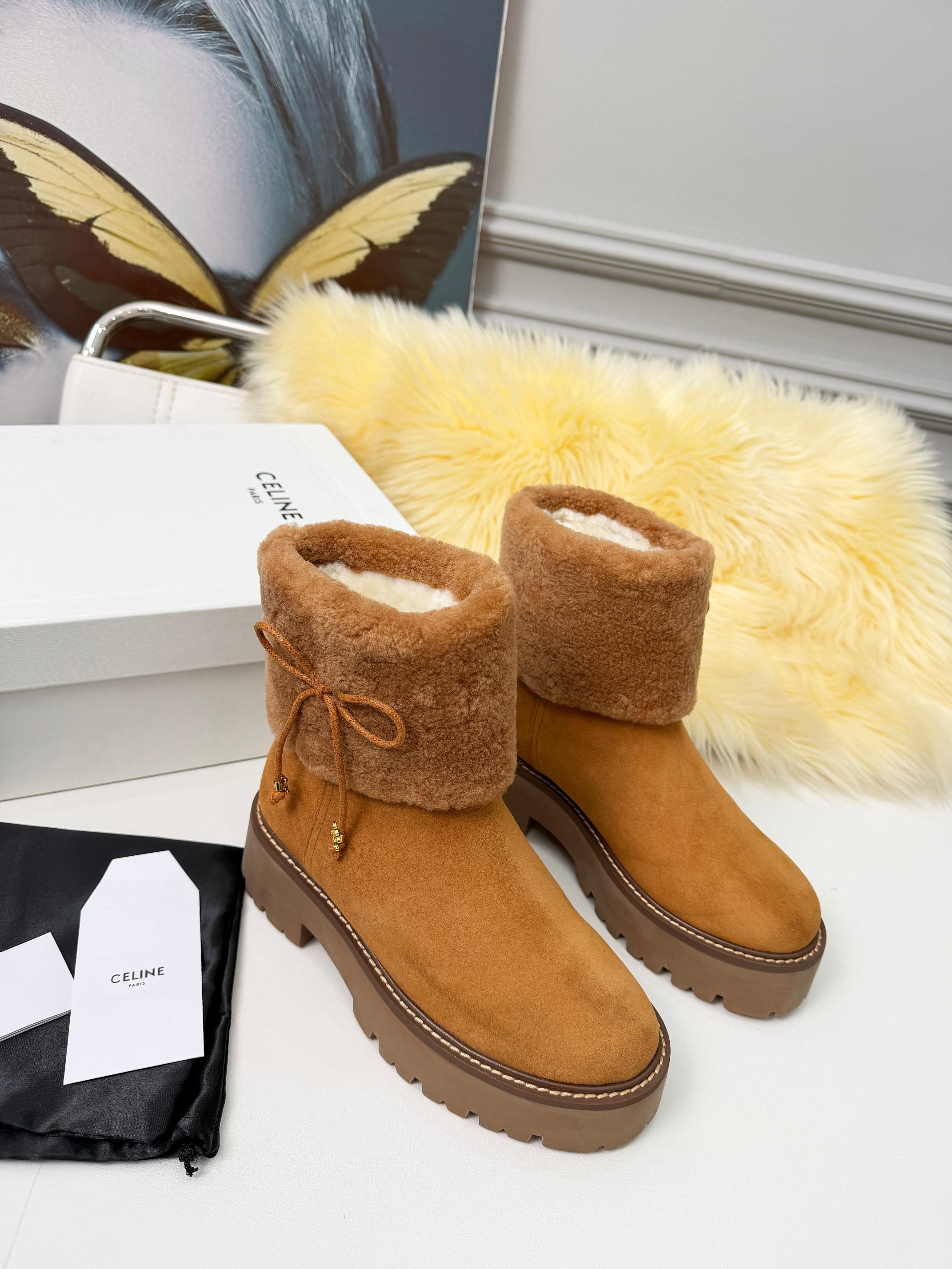 Celin Spring Runway Ankle Boots Brown Fur Suede 567510
