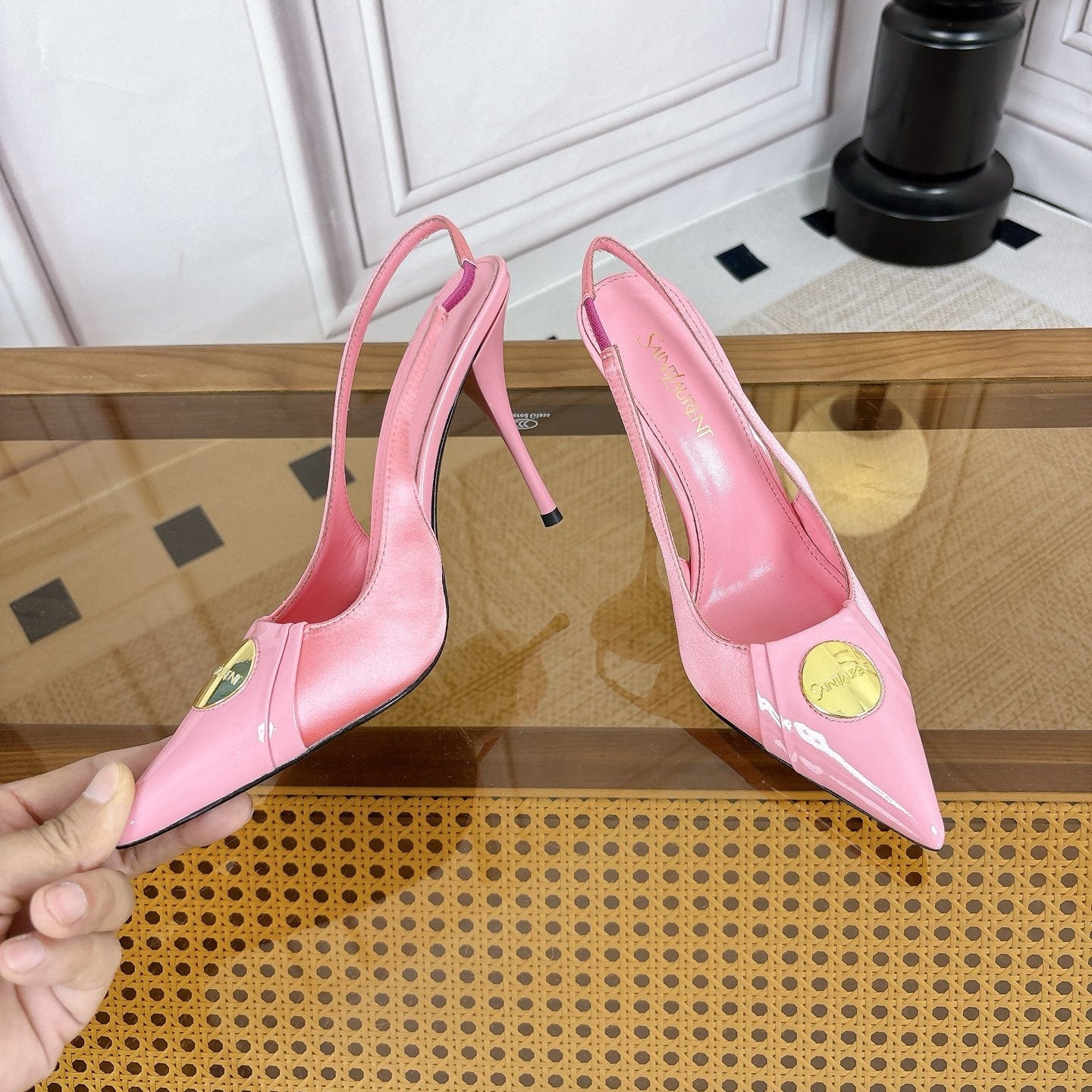 YSL Louis Slingback 10cm Light Pink Satin Patent Leather 932061
