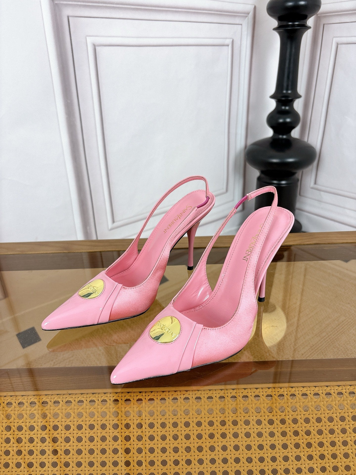 YSL Louis Slingback 10cm Light Pink Satin Patent Leather 932061