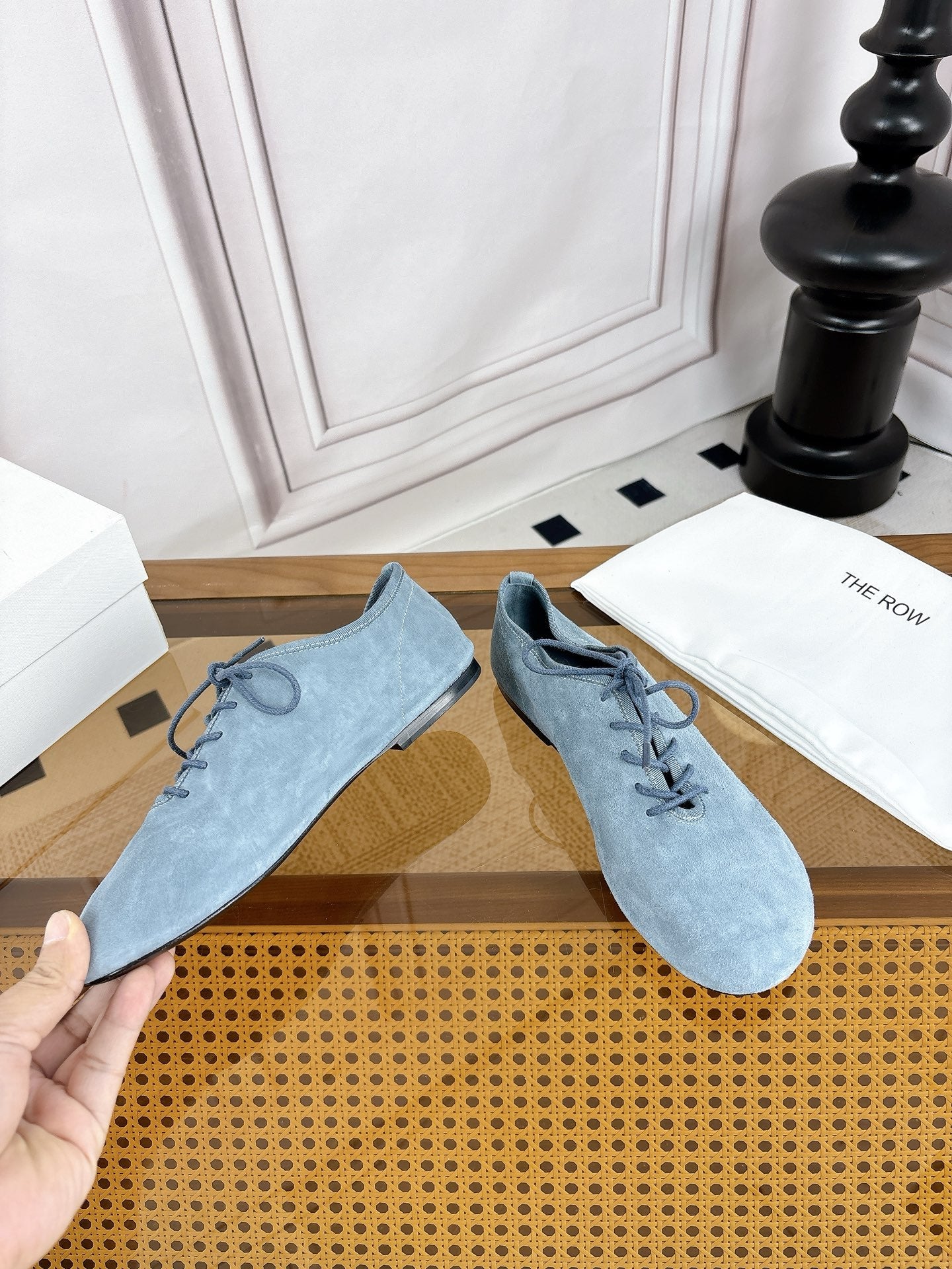The Row Deep Mouth Slip-on Loafers Blue Grey Suede 931973