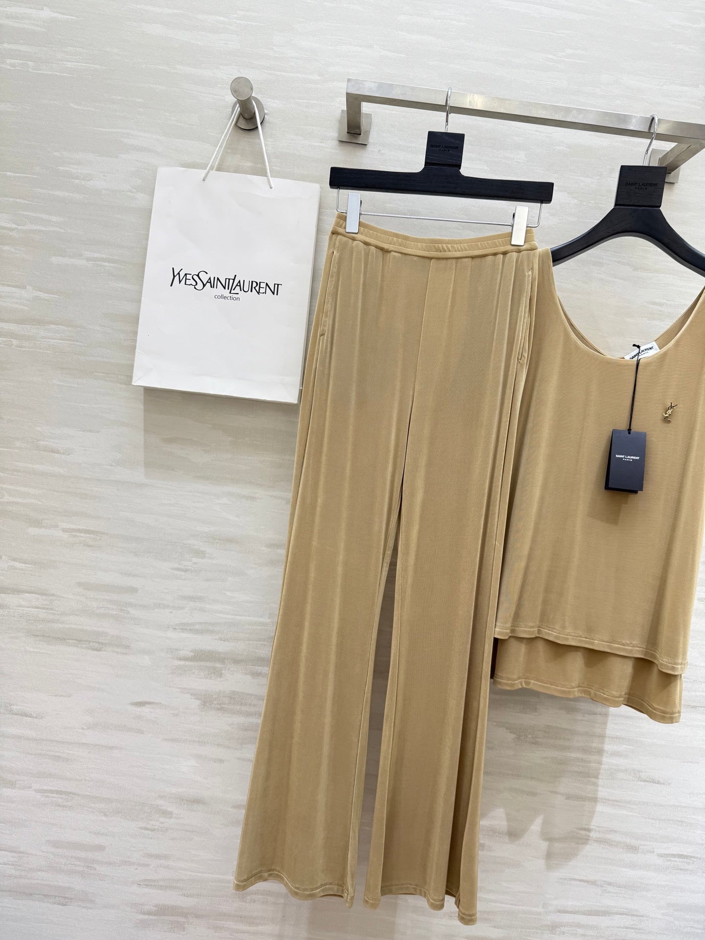 YSL 25 Vest Pant Set Beige Acetate