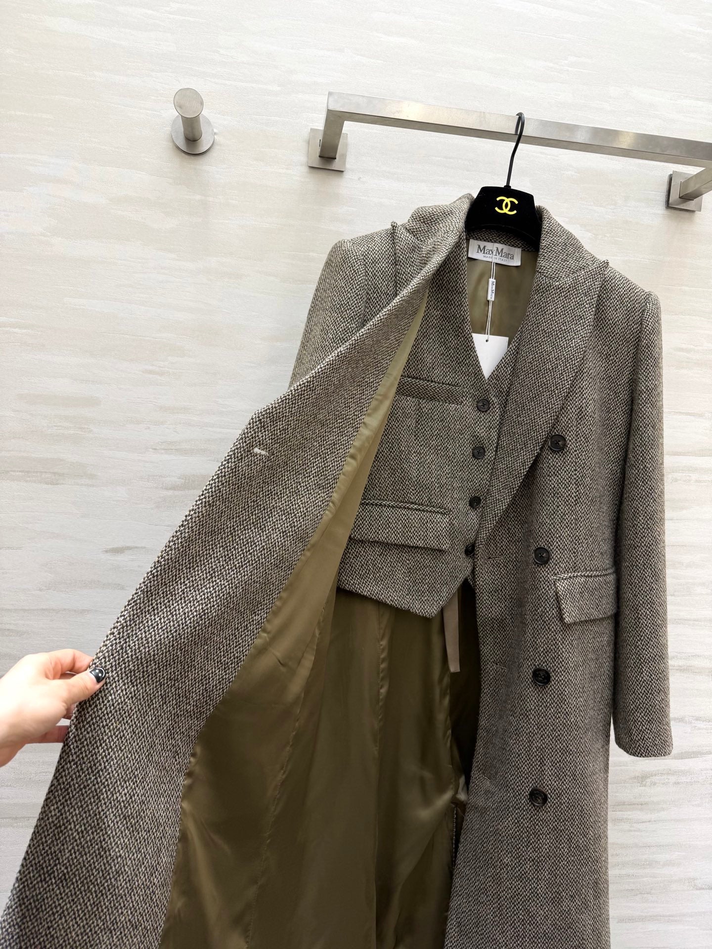 Max Mara 26s Set Coat & Vest White Black Wool 344822