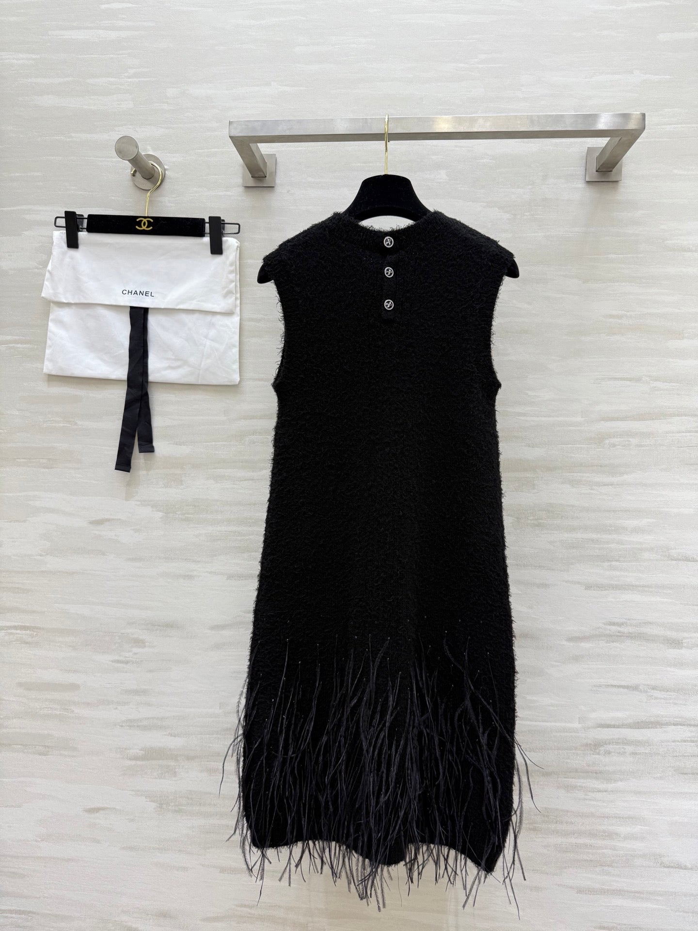 CC Ostrich Feather Rhinestone Vest Dress Black Mulberry Silk Yarn 346472