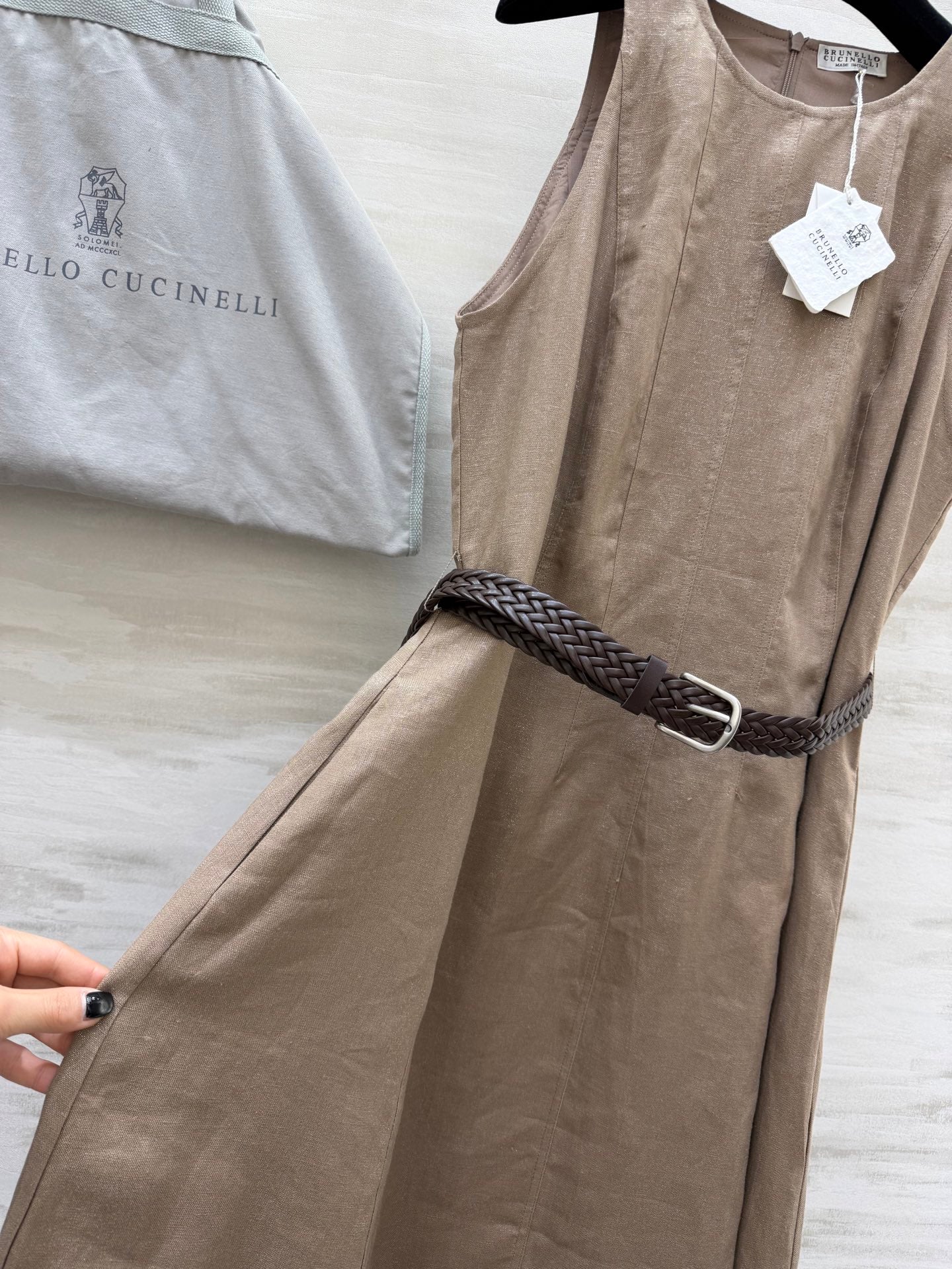 Brunello Cucinelli 26s Sparkling-Twill Maxi Dress Light Brown Cotton Linen