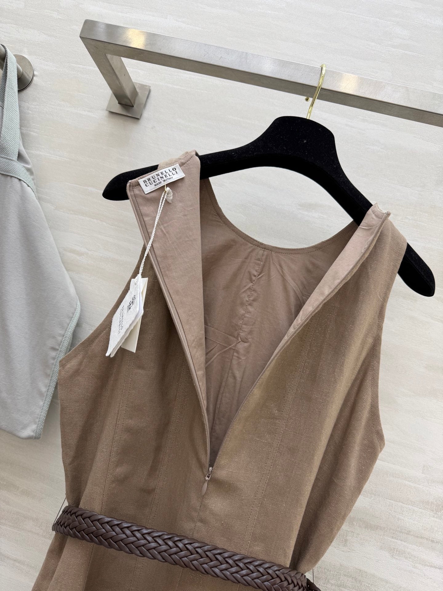 Brunello Cucinelli 26s Sparkling-Twill Maxi Dress Light Brown Cotton Linen
