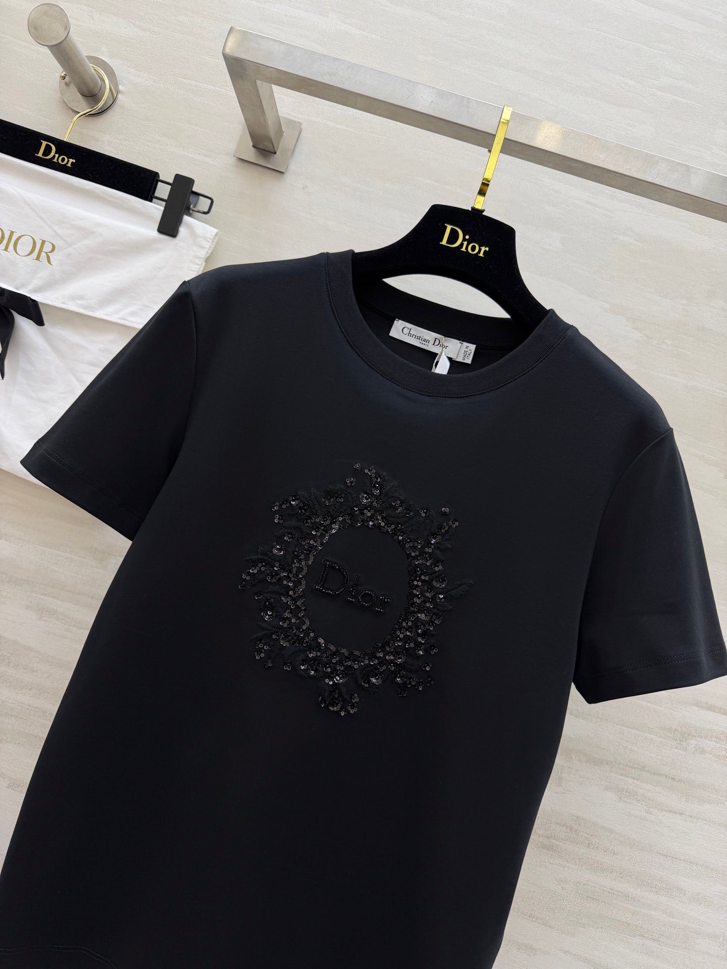 CD 26s T-shirt 3D Hand-Beaded Black Cotton 363659