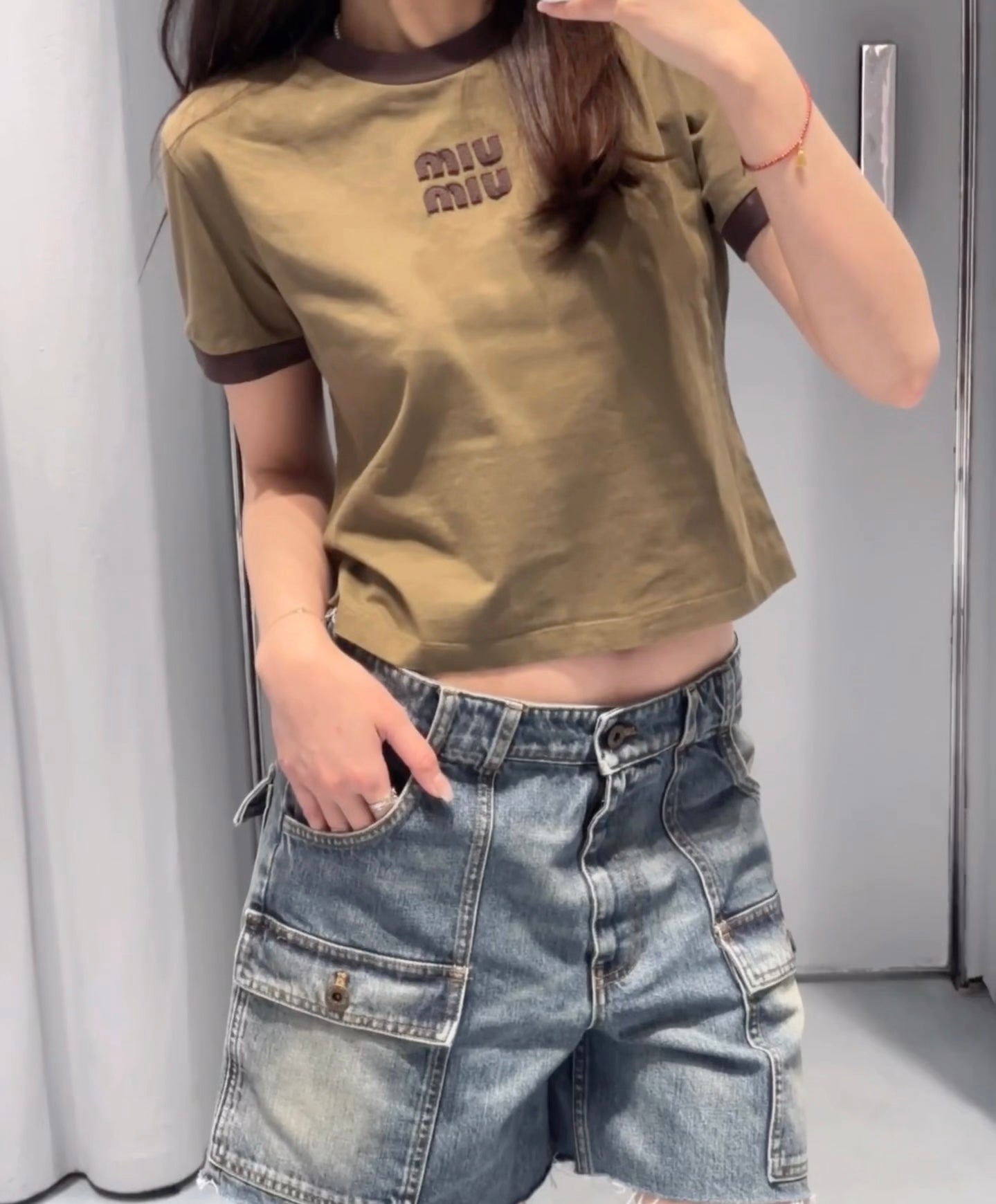 Miu 26s Ribbed Neck Letter T-Shirt Brown Cotton 363631