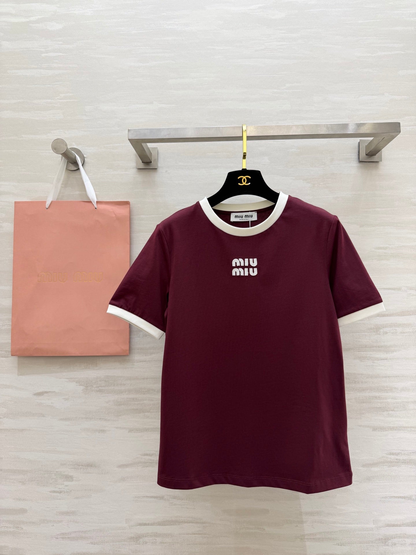 Miu 26s Ribbed Neck Letter T-Shirt Burgundy Cotton 363633