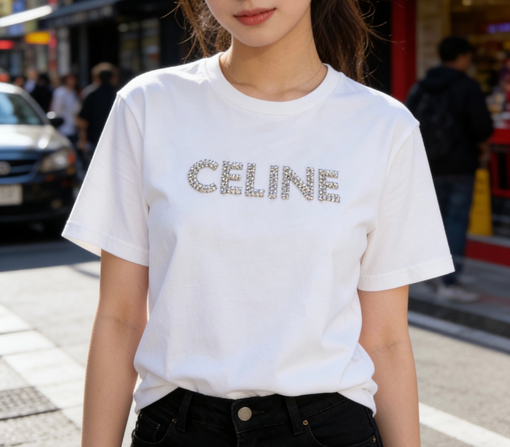 Celine 26s T-Shirt Rhinestone White Cotton 363624