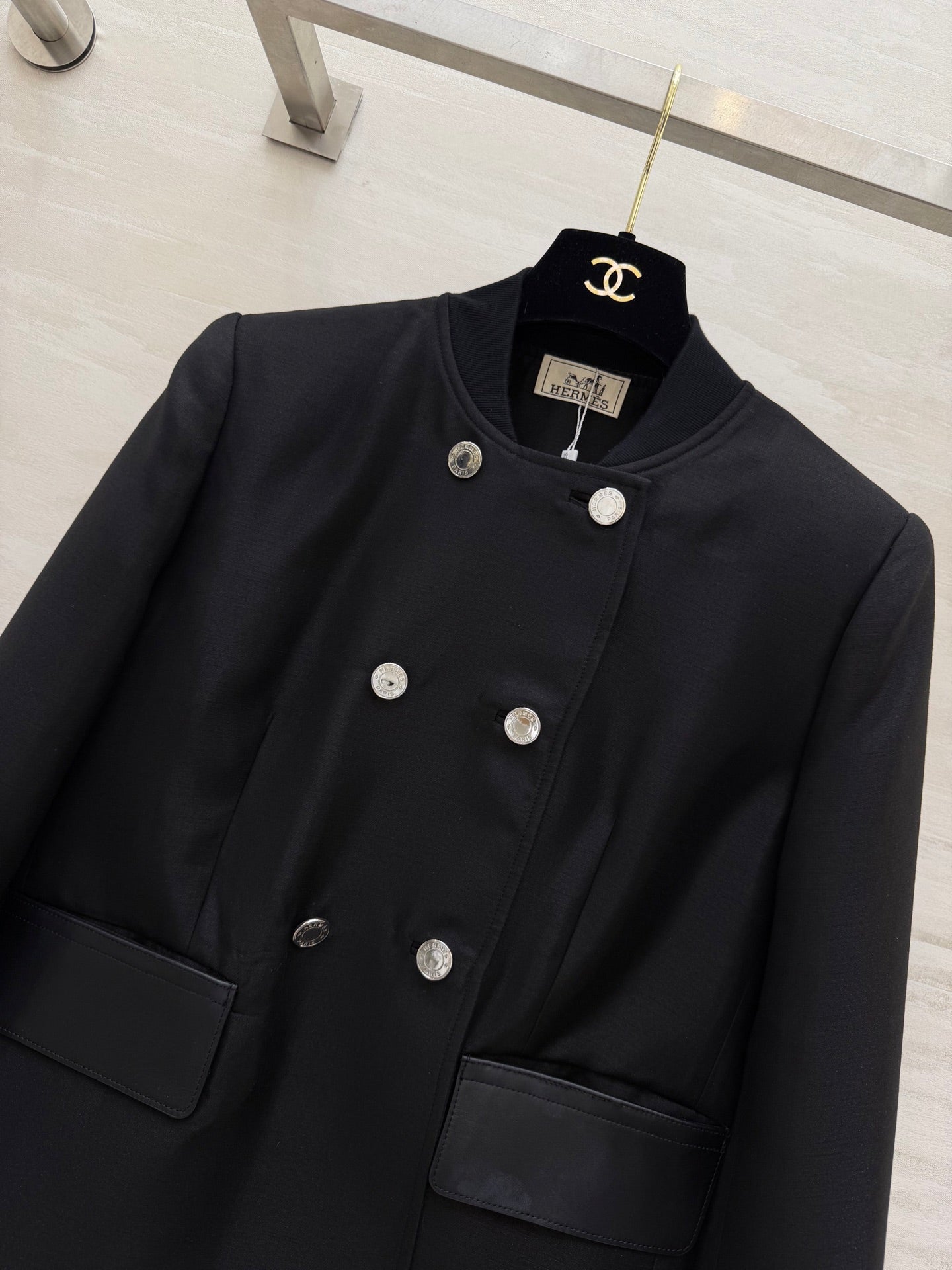 HM 26s Short Pea Coat Black Cashmere Leather 363607
