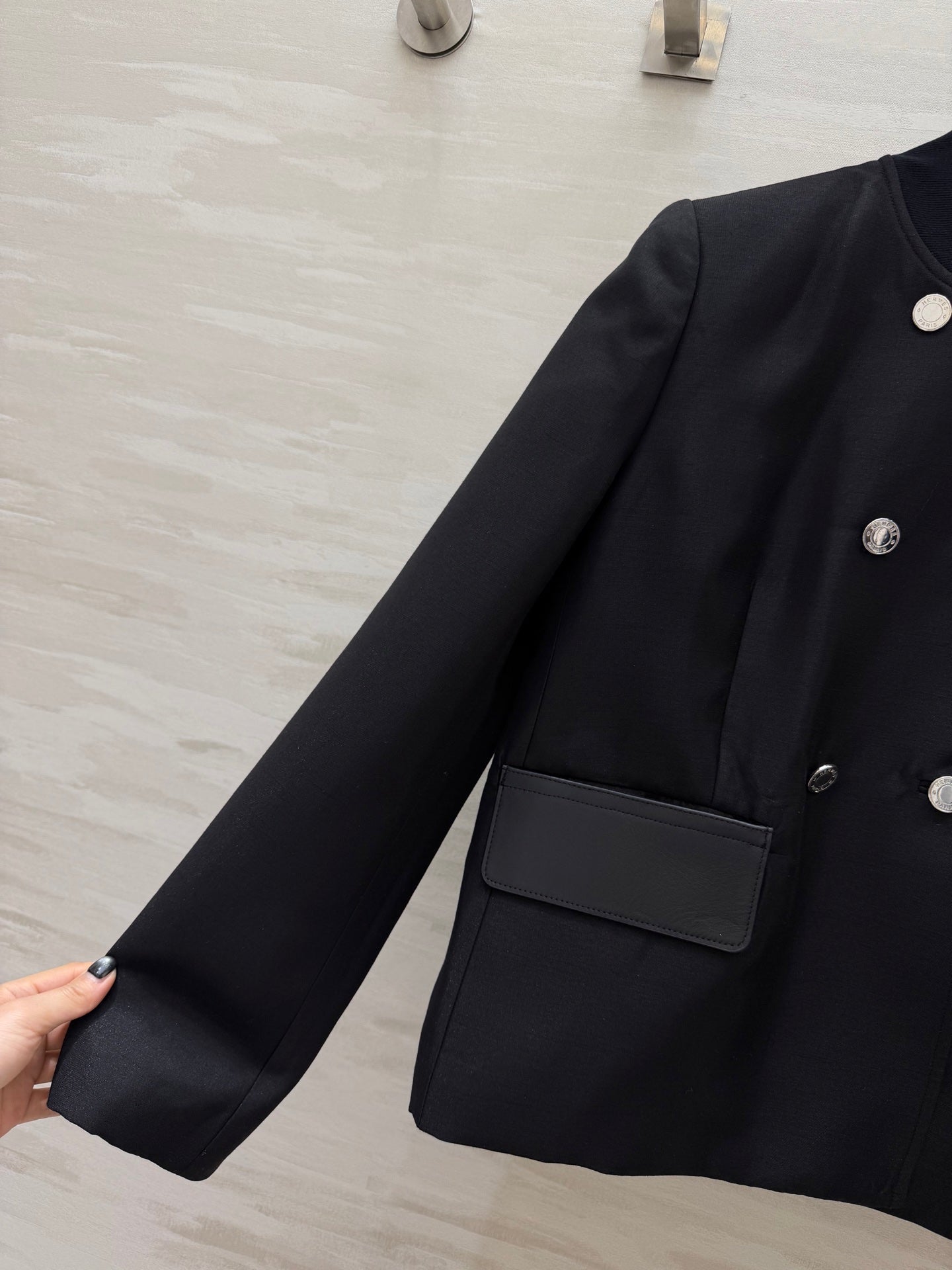 HM 26s Short Pea Coat Black Cashmere Leather 363607