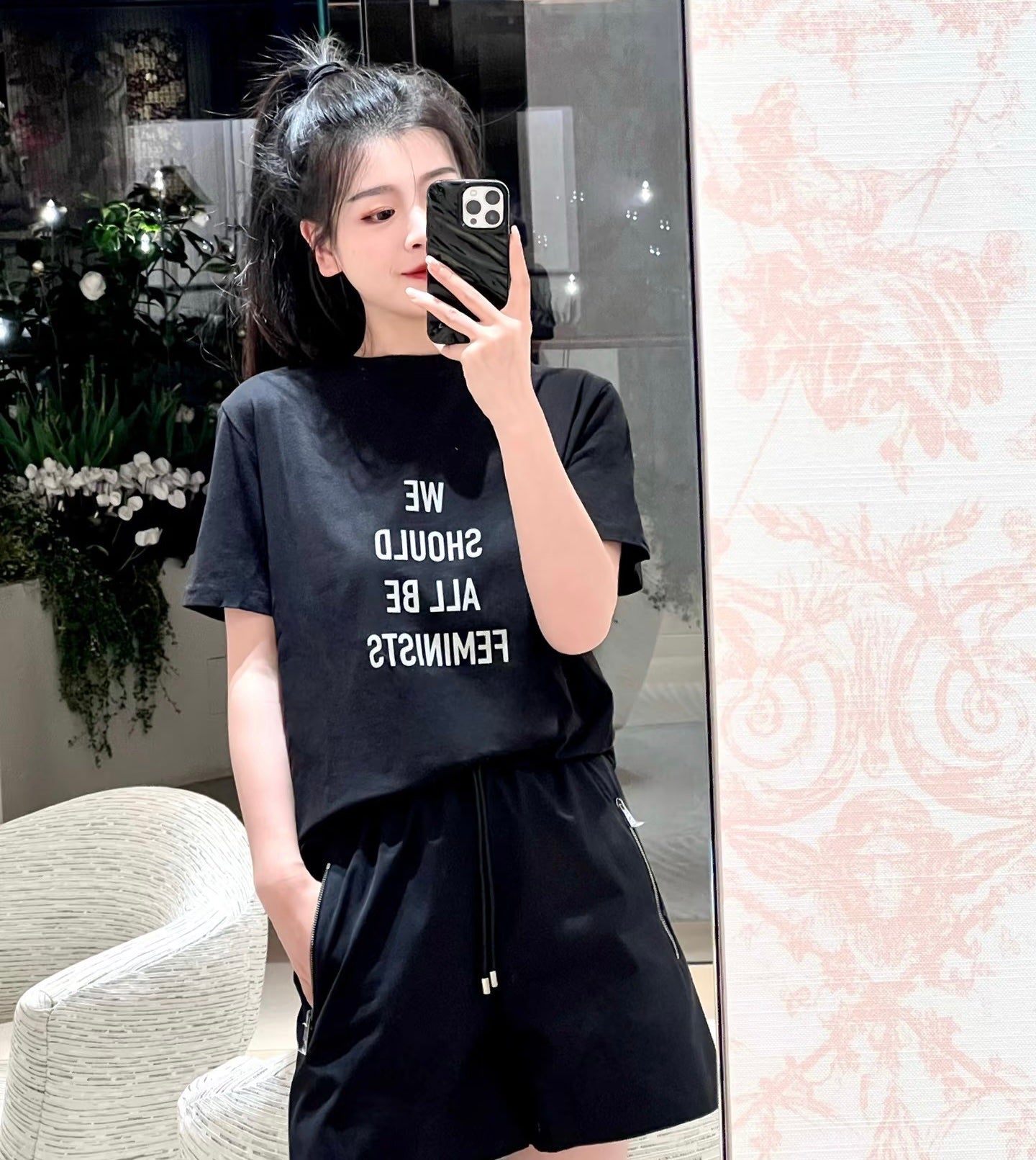 CD Feminist Slogan T-Shirt Black Cotton Linen 363563