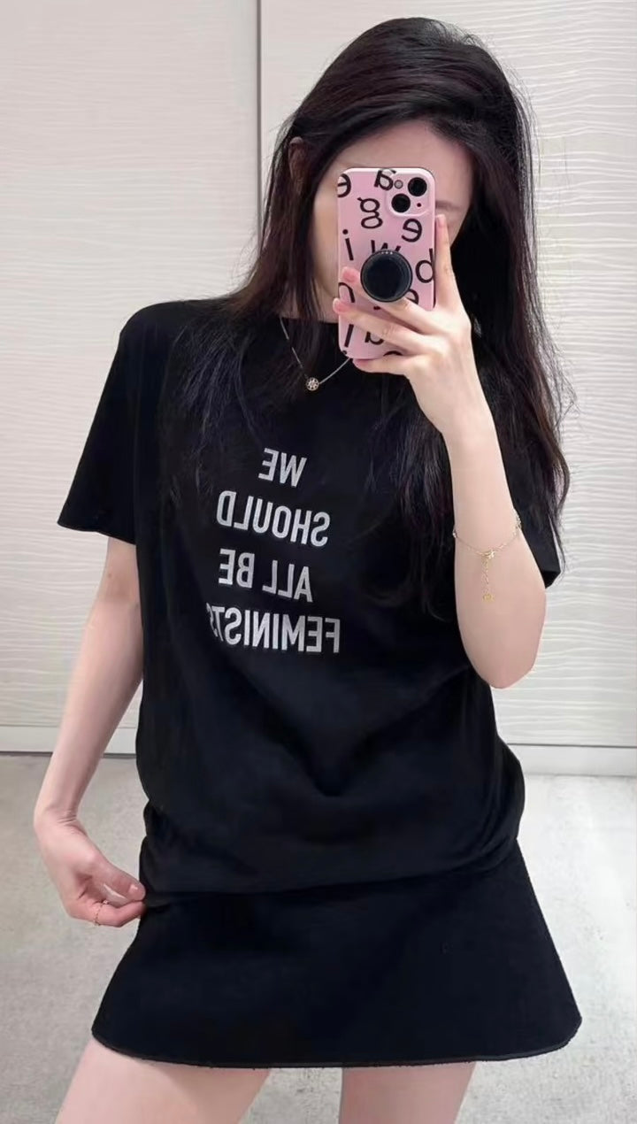 CD Feminist Slogan T-Shirt Black Cotton Linen 363563