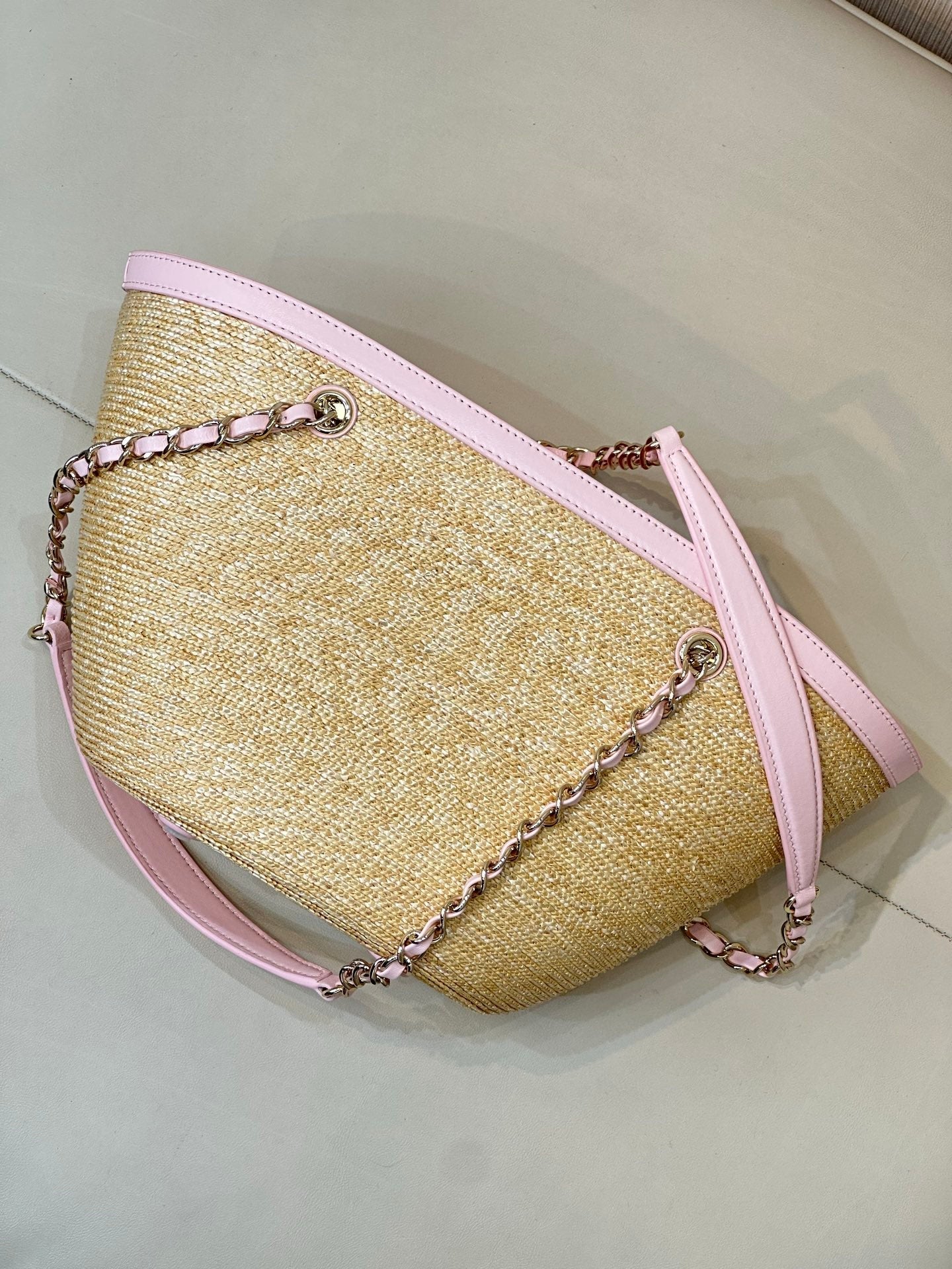 Chanel 2026 Shopping Bag 40cm Beige PInk Straw Lambskin