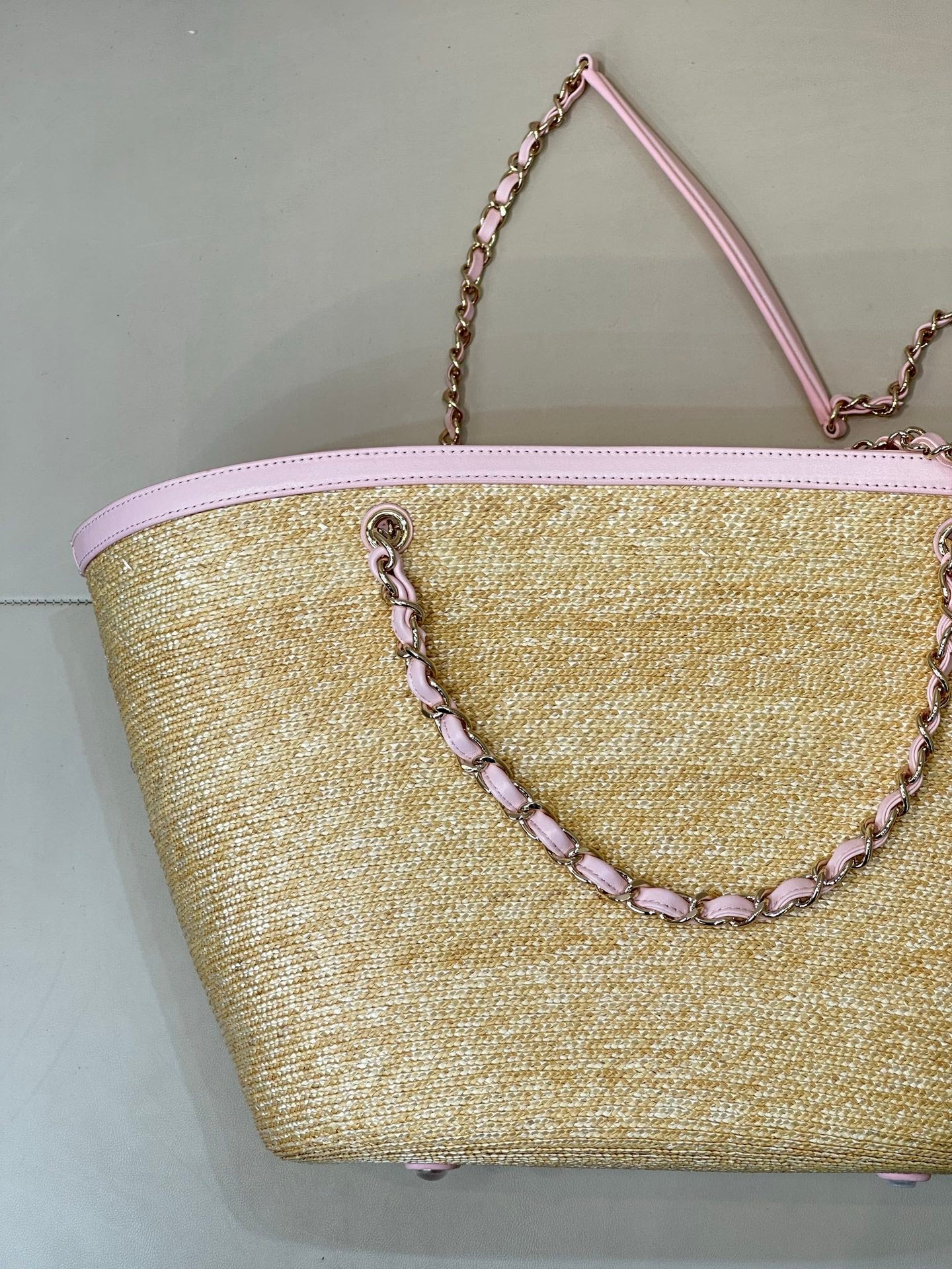 Chanel 2026 Shopping Bag 54cm Beige PInk Straw Lambskin