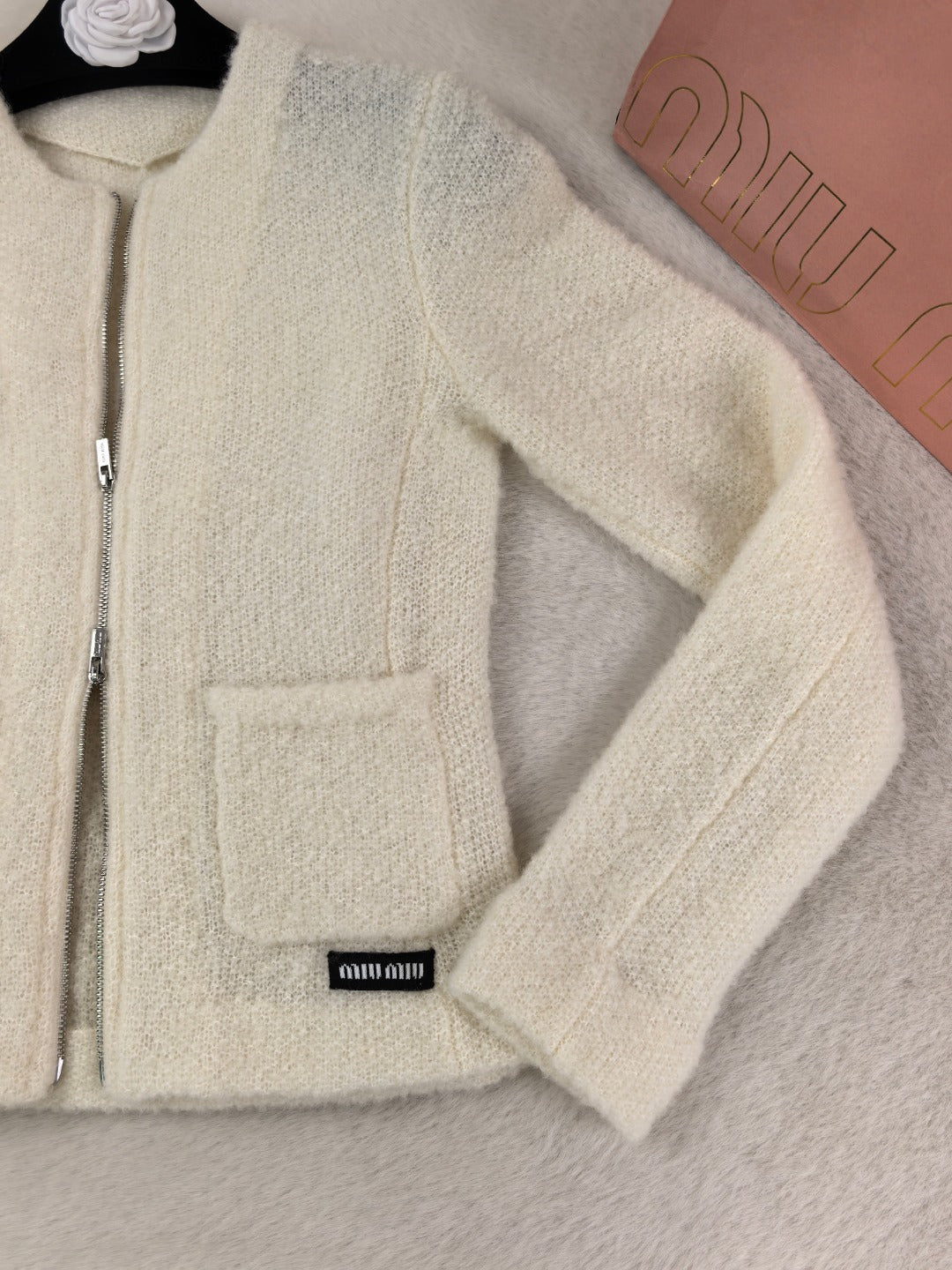 Miu 26s Double-zip Crew Neck Cardigan Cream 424807
