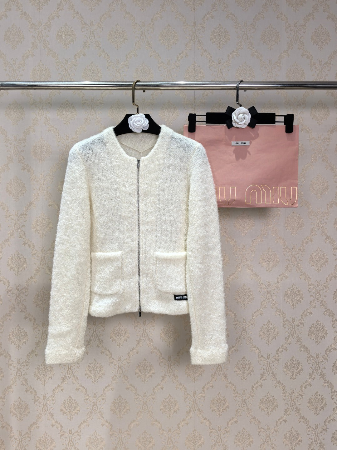 Miu 26s Double-zip Crew Neck Cardigan Cream 424807