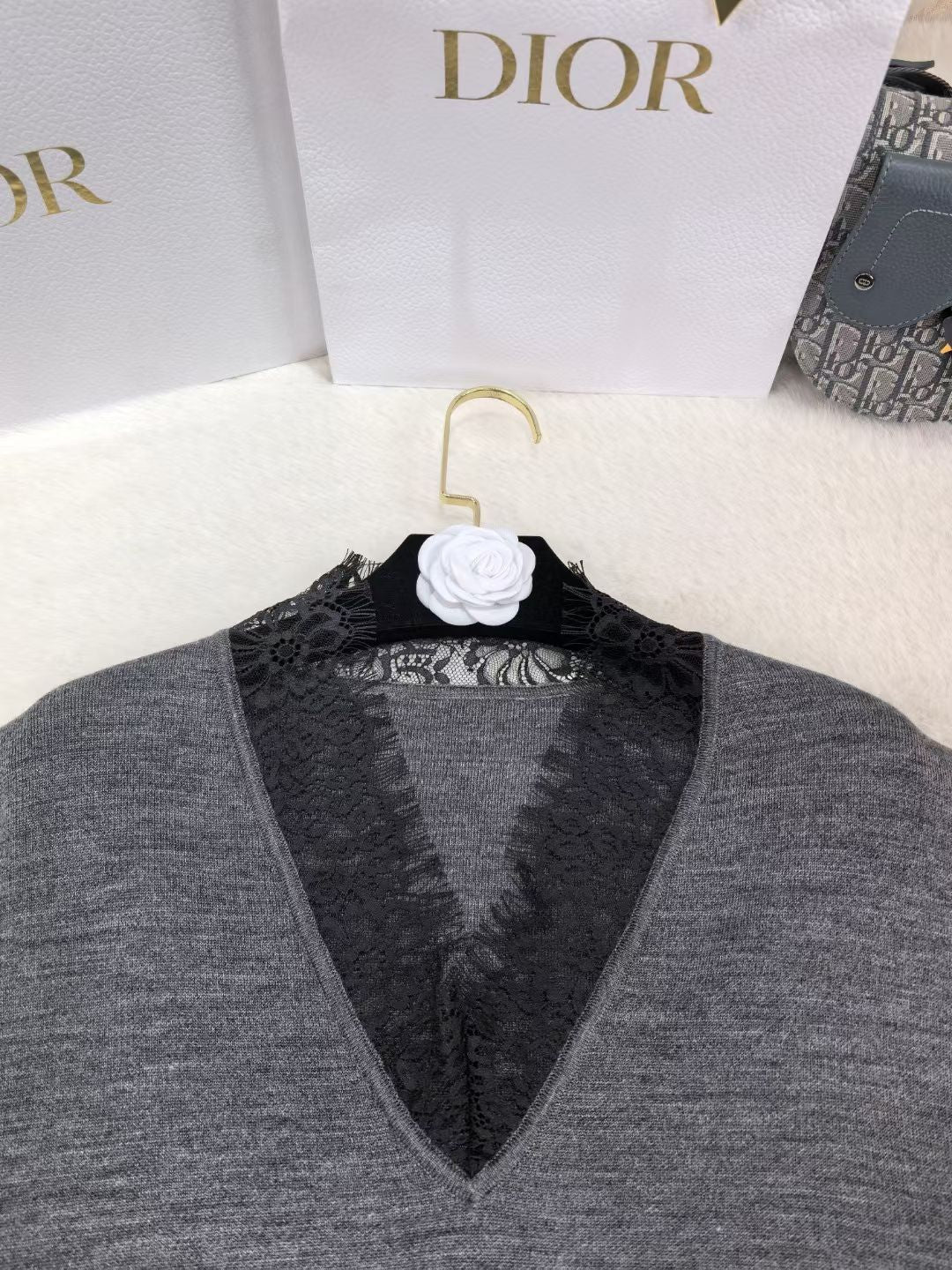 Dior 2026 Lace Trim V-Neck Pullover Sweater Wool Blend 438219